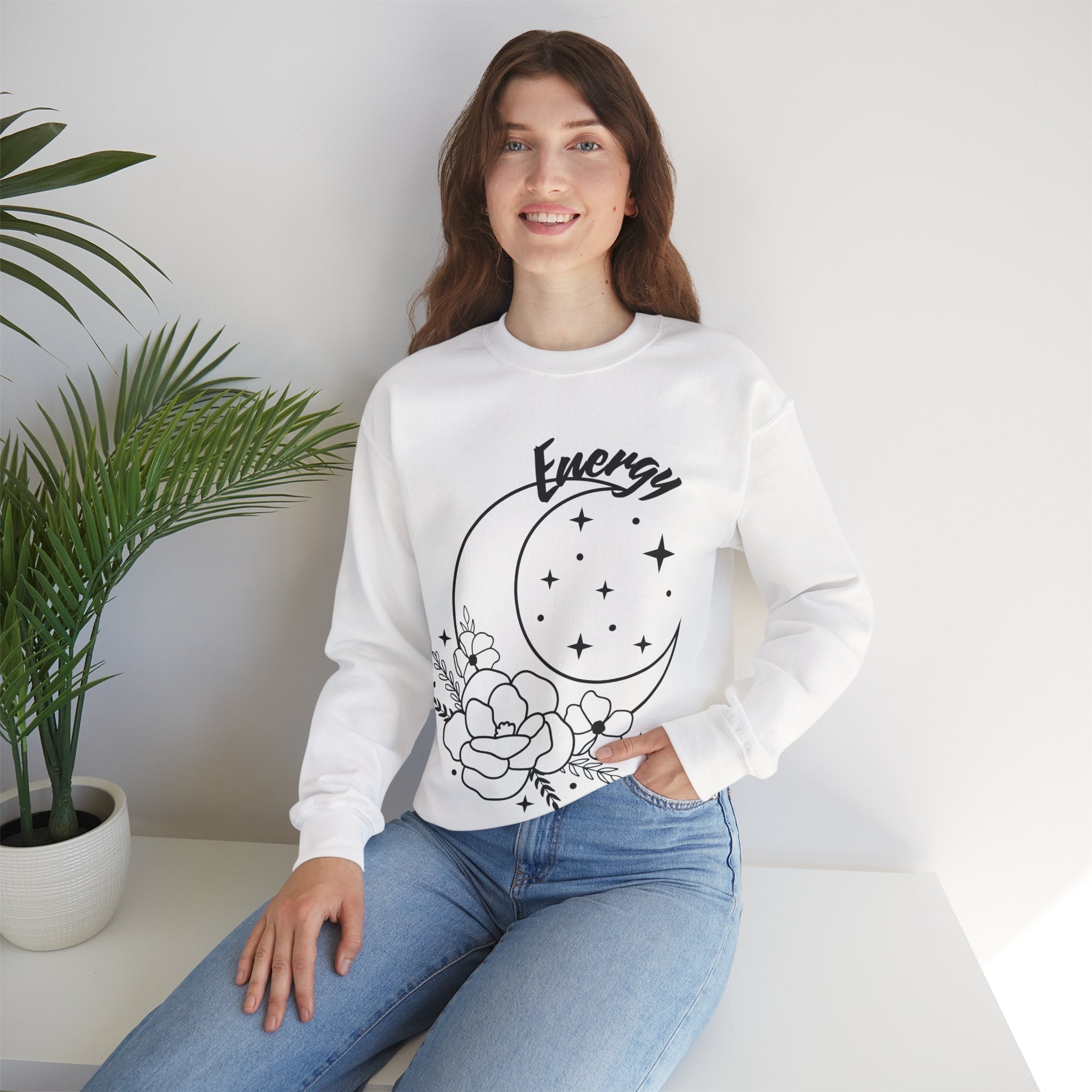 Celestial Energy Sweatshirt, Moon and Flowers Crewneck, Cozy Unisex Top, Astrology Gift, Spiritual Apparel, Birthday Gift, Everyday Wear
