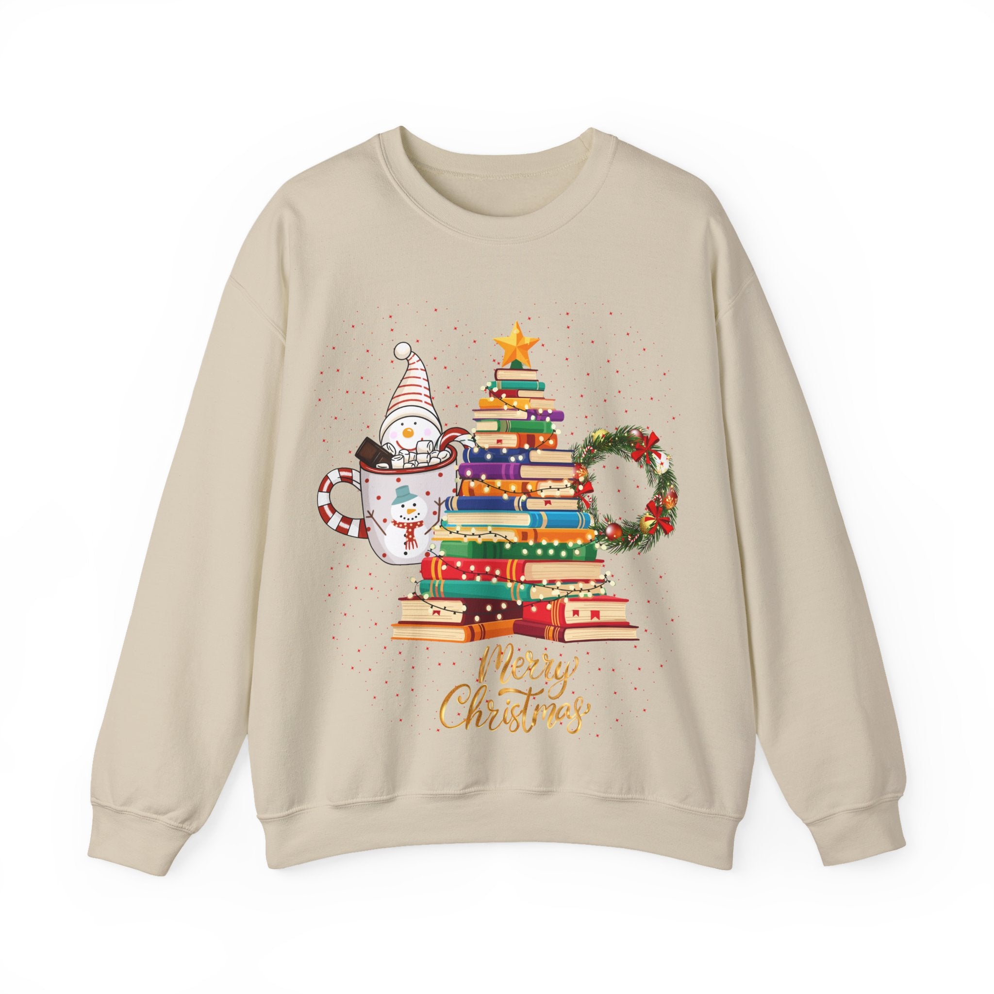 Merry Christmas Book Tree & Cat Crewneck Sweatshirt