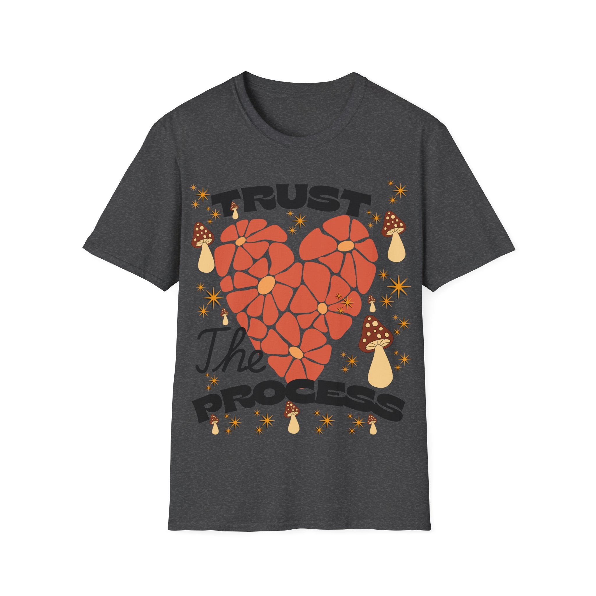 Trust The Process Heart T-Shirt — Positive Motivation Tee with Mushroom & Mosaic Heart Design