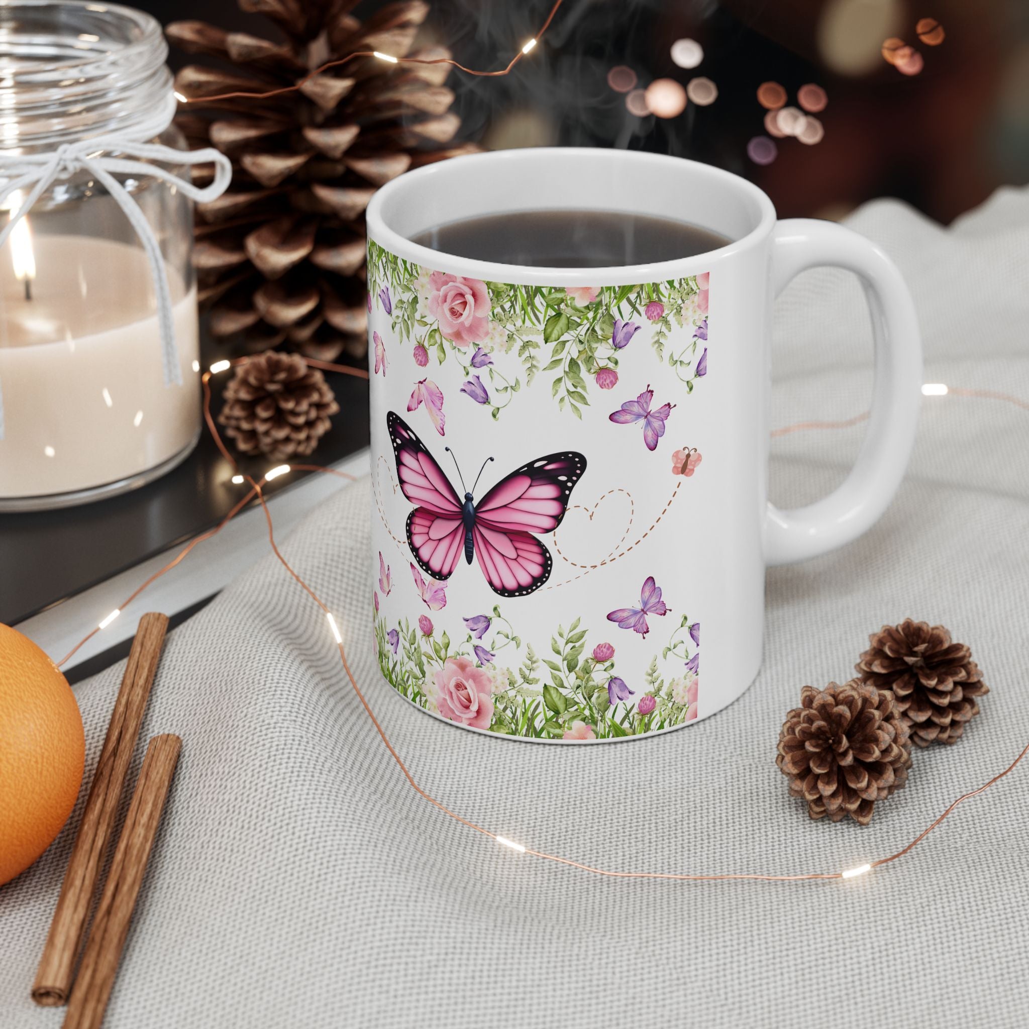 Floral Butterfly Ceramic Mug - Elegant Gift for Nature Lovers, Tea & Coffee Mug, Spring Decor, Birthday Gift, Home & Kitchen