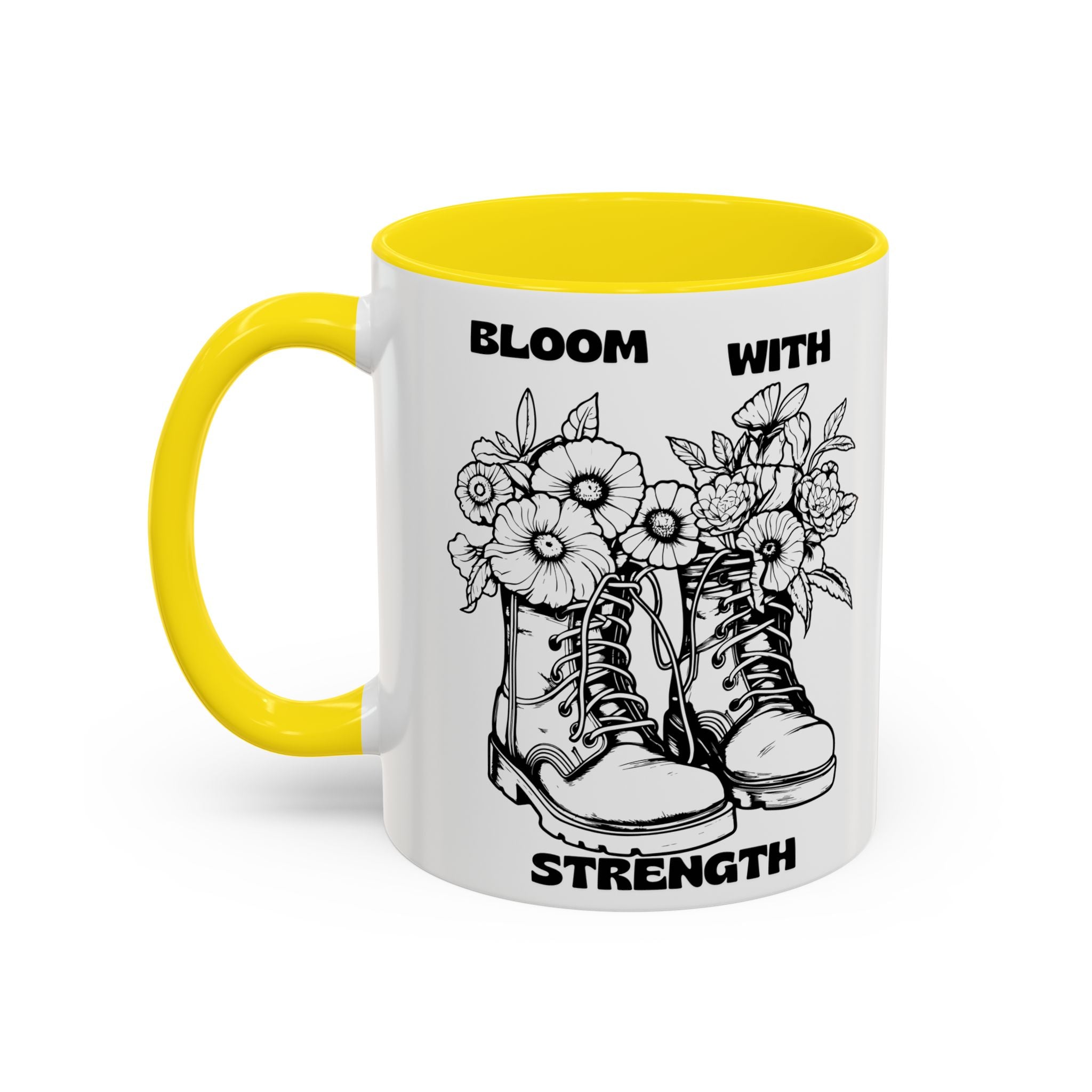 Bloom With Strength Coffee Mug — Floral Boots Inspirational Accent Mug (11/15oz)