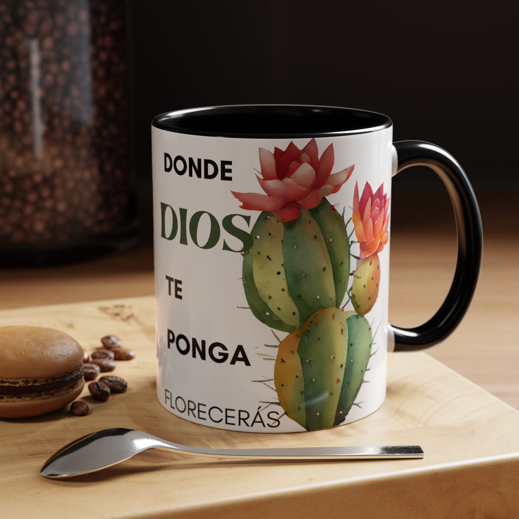 Cactus Floral Accent Coffee Mug – ‘Donde Dios Te Ponga Florecerás’ Spanish Inspirational Mug