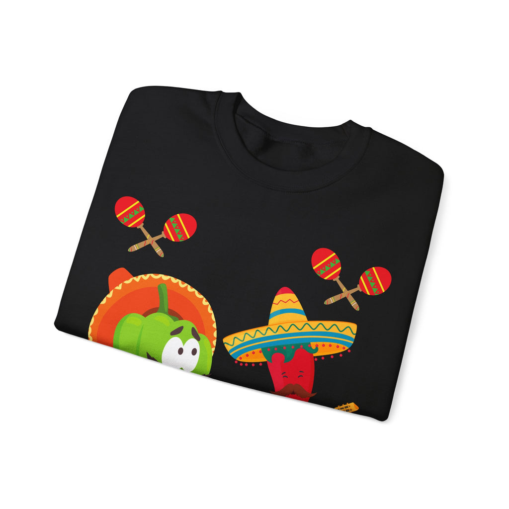 Fiesta Friends Sweatshirt — Cute Chili & Avocado with Sombreros, Maracas & Guitar