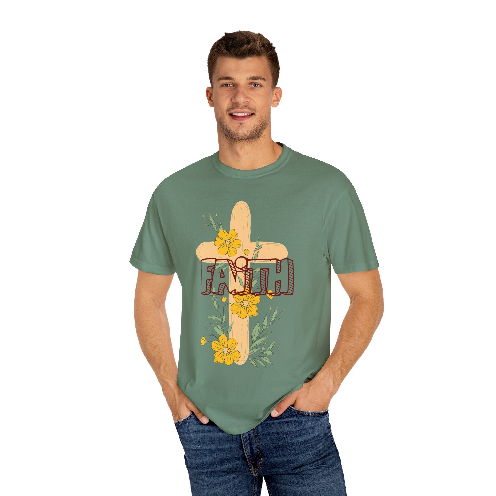 Faith Cross Floral T-Shirt — Christian Inspirational Tee with Yellow Flowers