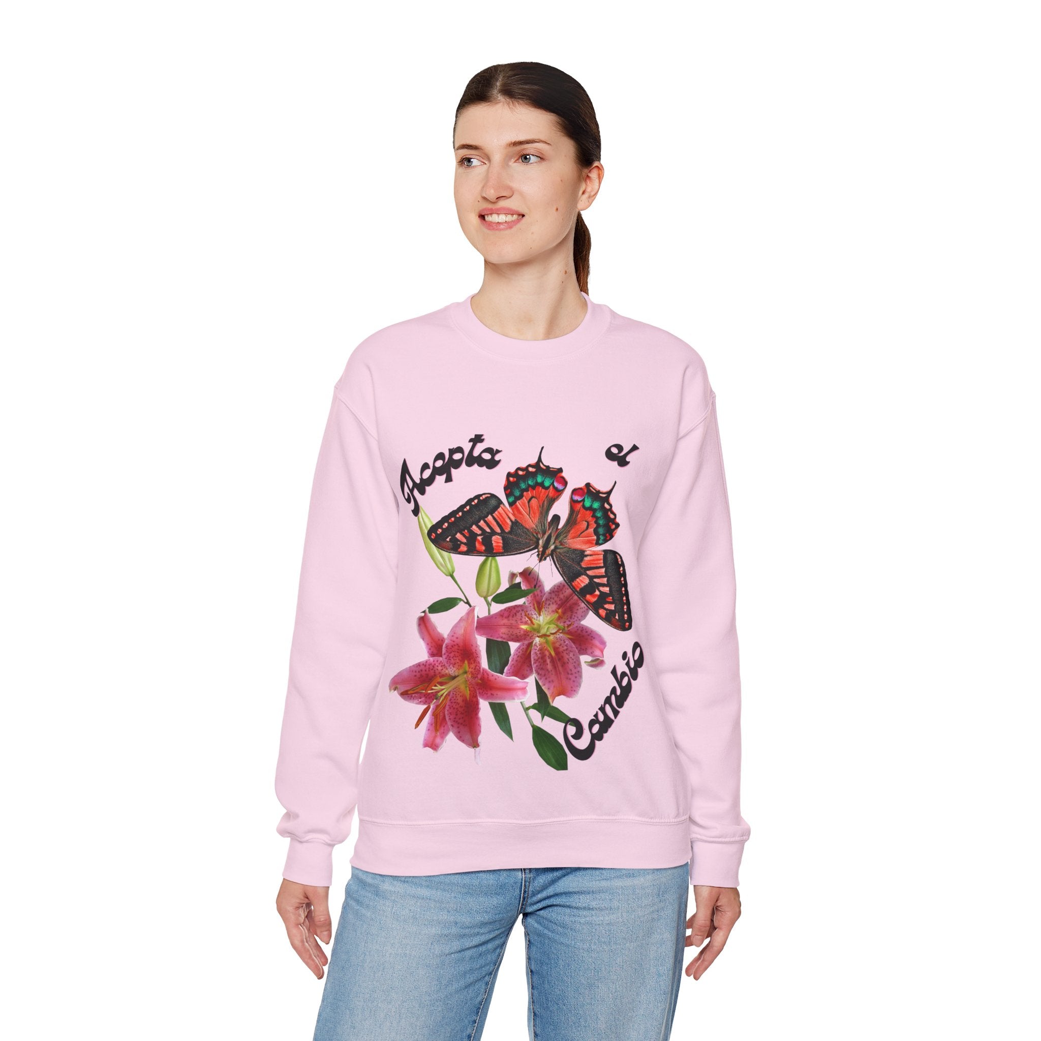 Butterfly & Floral Crewneck Sweatshirt - Accepta el Cambio, Cozy Fall Sweater, Gift for Nature Lovers, Inspirational Apparel, Unisex Fashion