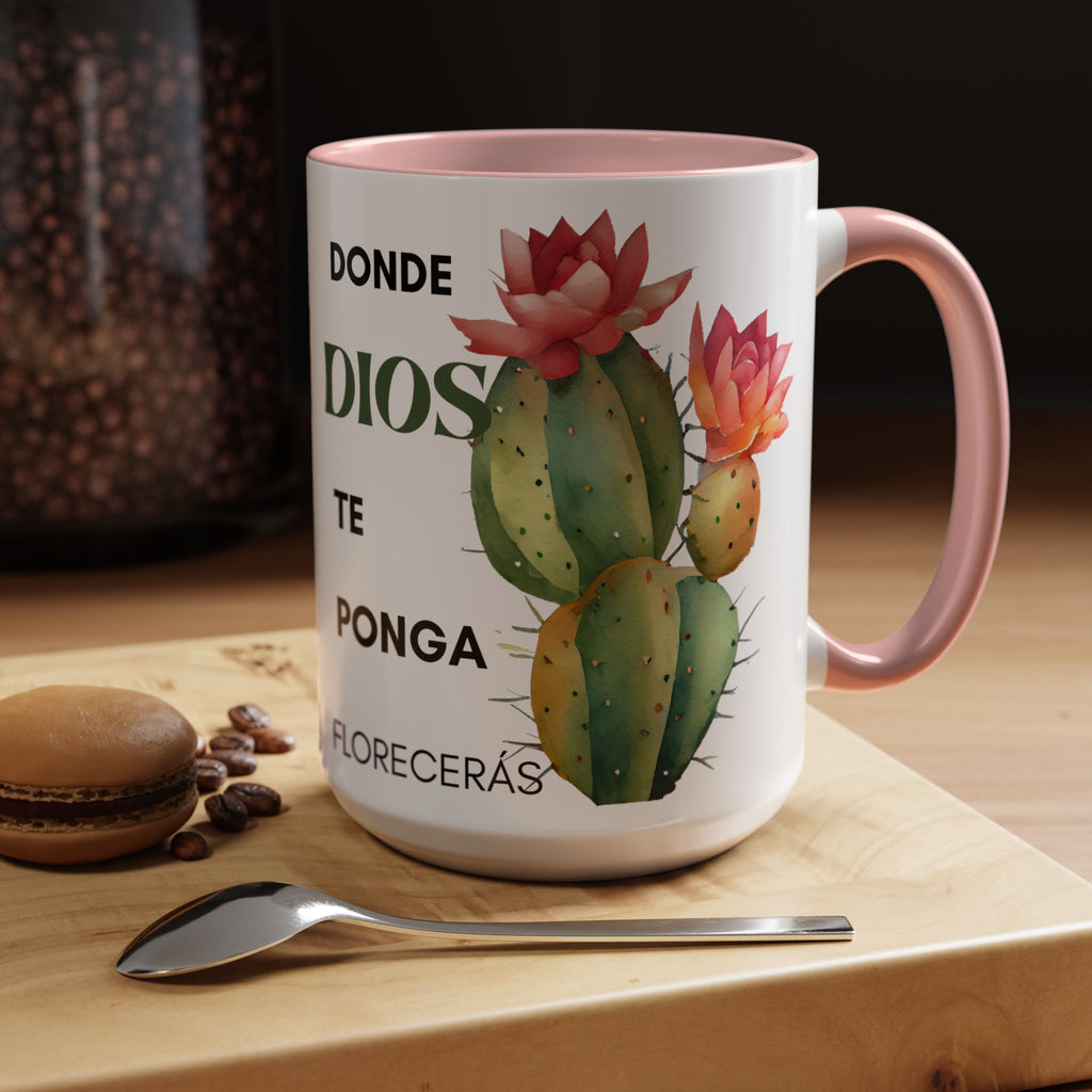 Cactus Floral Accent Coffee Mug – ‘Donde Dios Te Ponga Florecerás’ Spanish Inspirational Mug