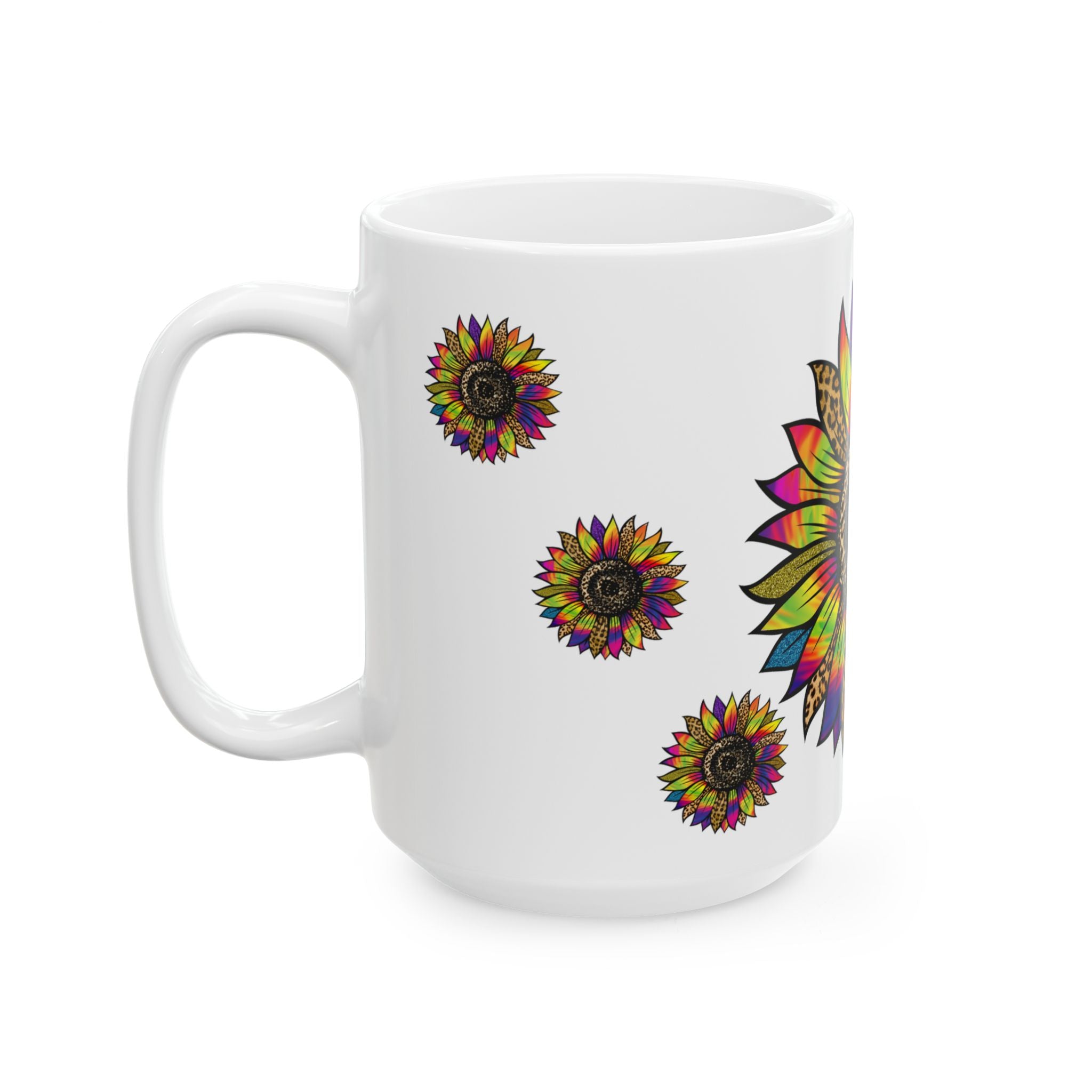 Rainbow Leopard Sunflower Ceramic Mug — Colorful Floral Coffee Cup (11oz, 15oz)