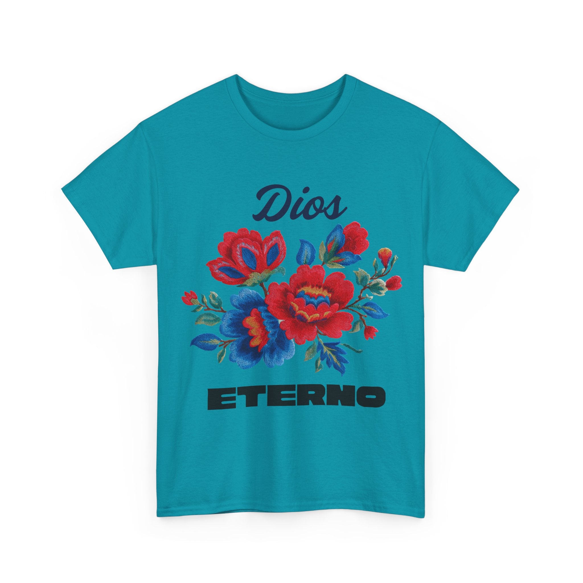 Dios Eterno Floral T-Shirt — Spanish Faith Tee with Red & Blue Blooms
