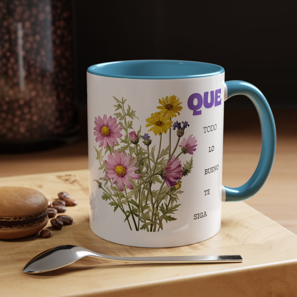 Inspirational Spanish Floral Coffee Mug — "Que todo lo bueno te siga" Accent Mug (11/15oz)