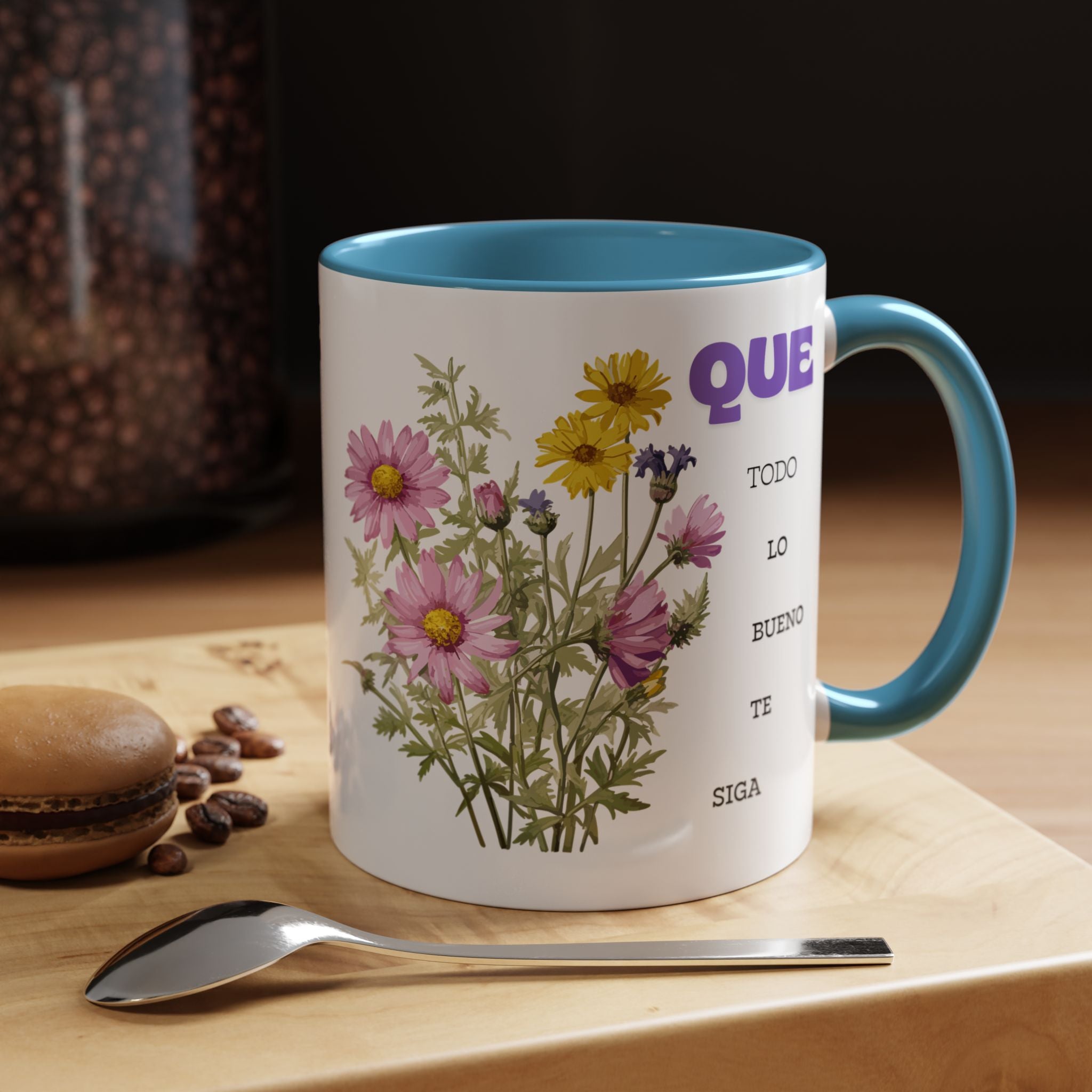 Inspirational Spanish Floral Coffee Mug — "Que todo lo bueno te siga" Accent Mug (11/15oz)