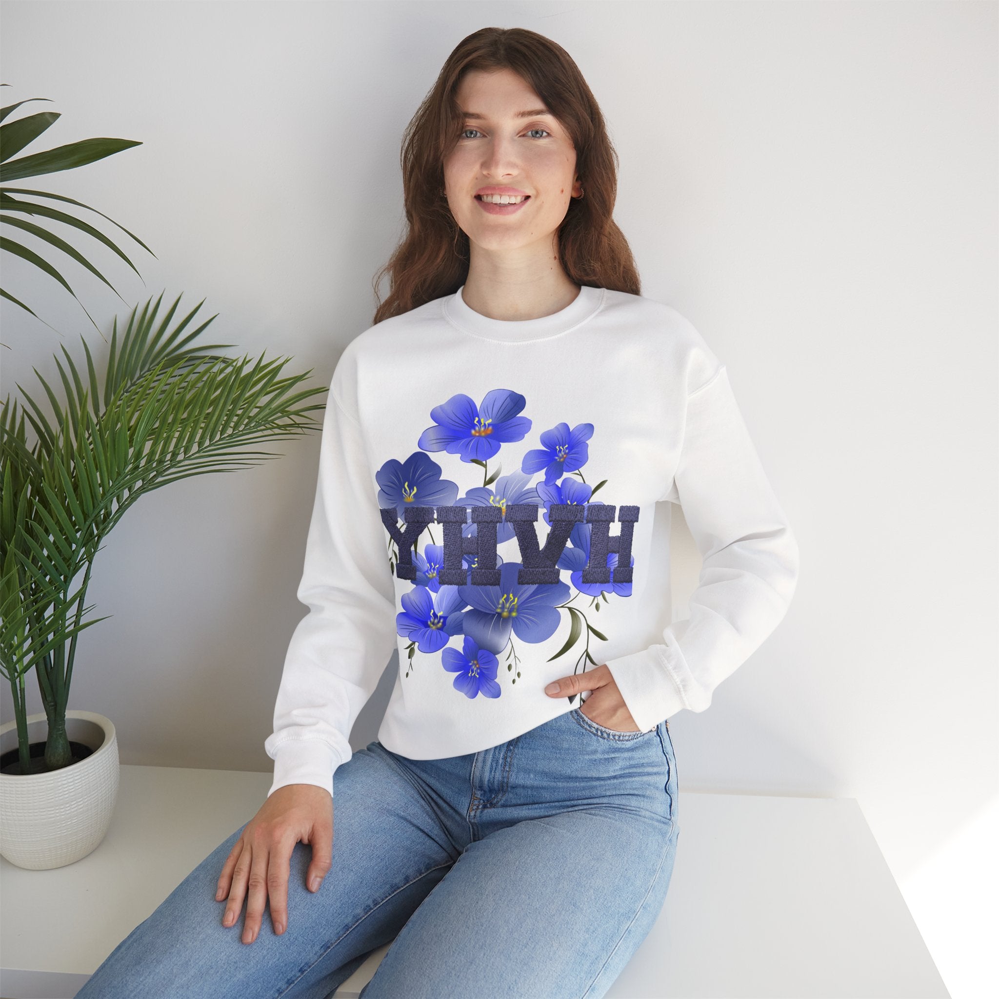 Crewneck Sweatshirt - Blue Violet Floral Graphic with 'KHVH' Lettering