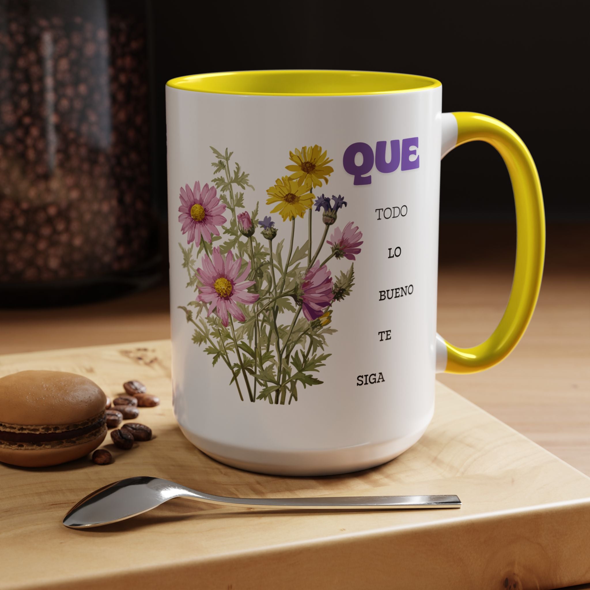 Inspirational Spanish Floral Coffee Mug — "Que todo lo bueno te siga" Accent Mug (11/15oz)