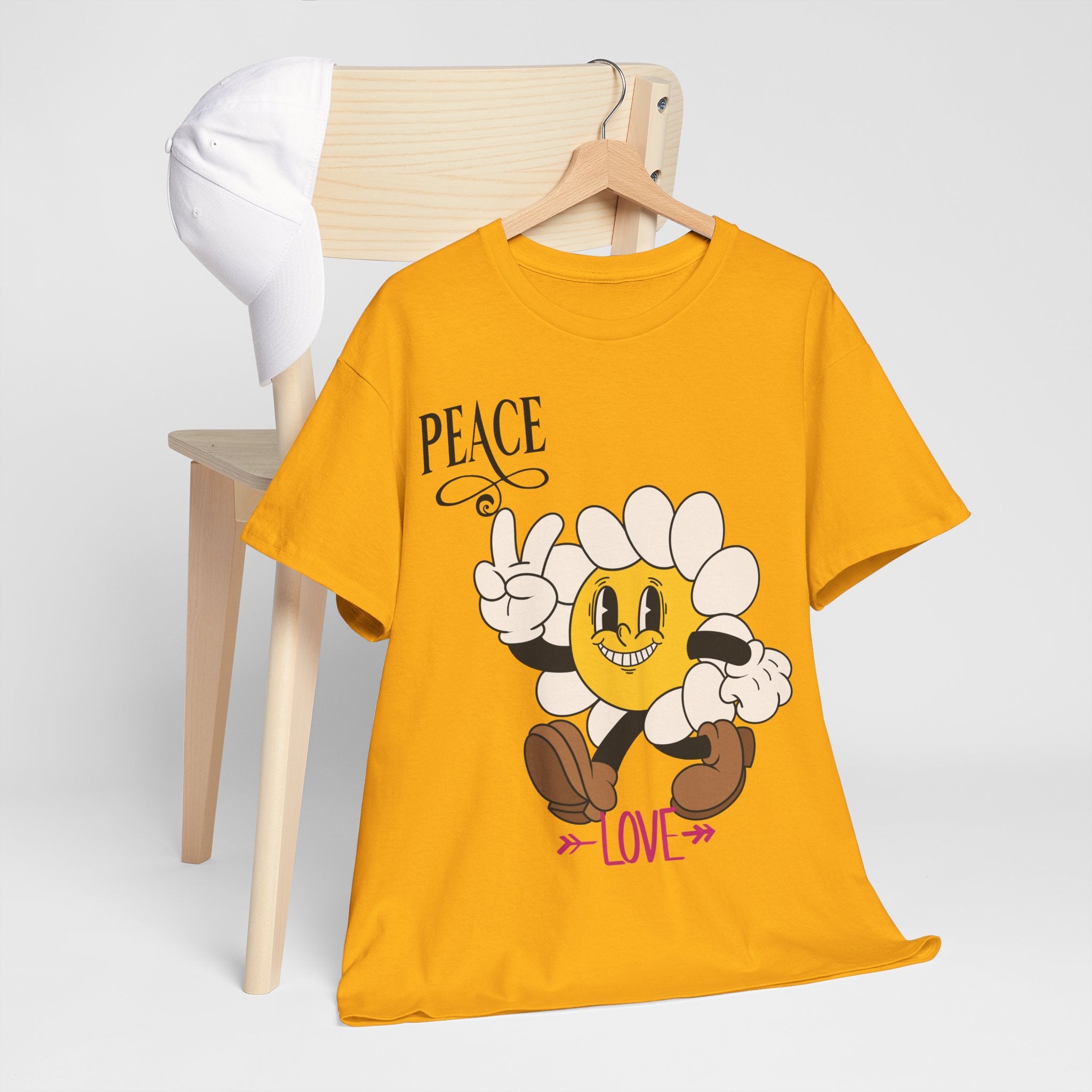 Peace & Love Daisy Character T-Shirt — Retro Smiley Flower Tee