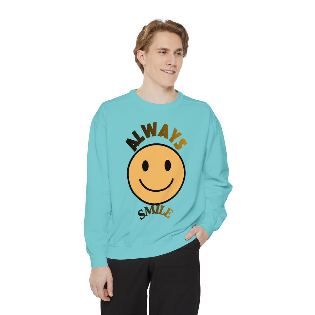 Smiley Face Sweatshirt - Always Smile, Unisex Garment-Dyed Sweatshirt, Cozy Casual Wear, Fall Layering, Gift for Friends, Cheerful Apparel
