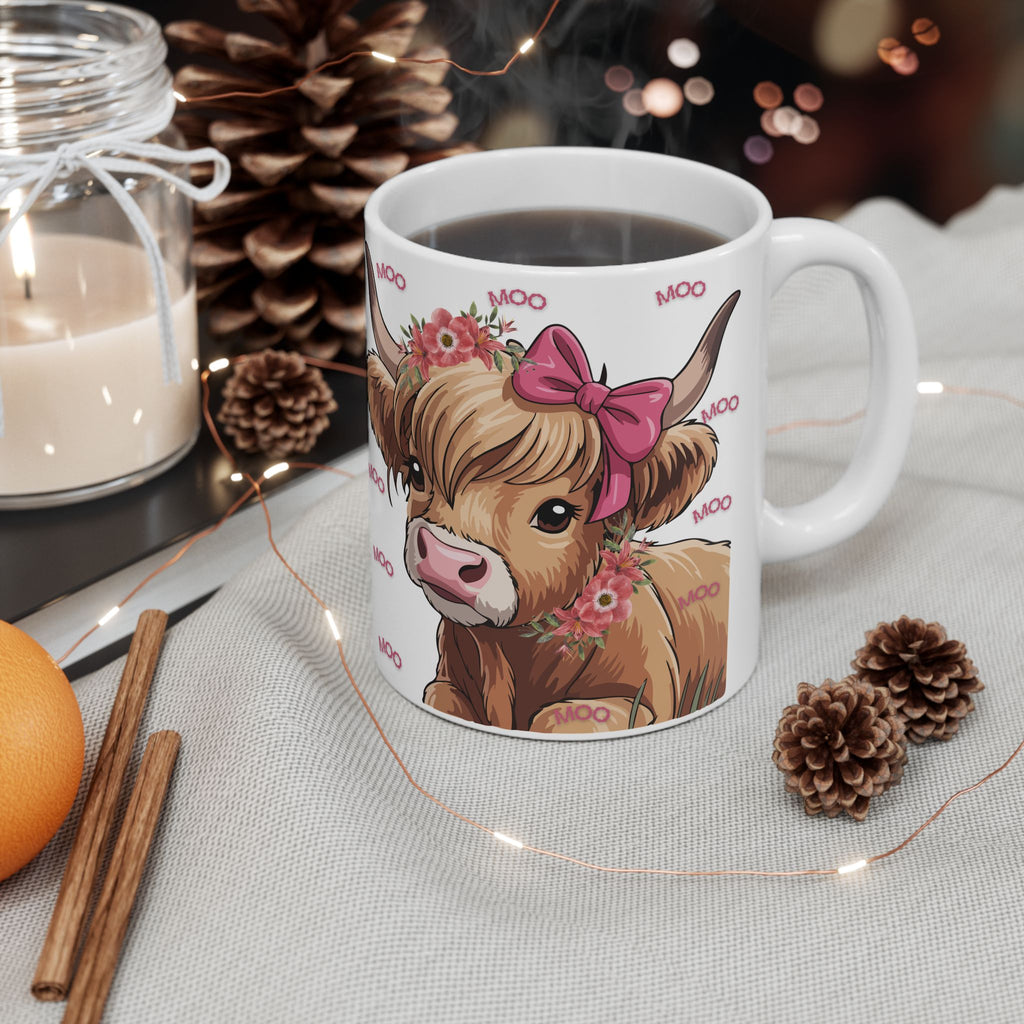 Highland Cow Ceramic Mug (11oz/15oz) — Cute Floral ‘Moo’ Cow Coffee Cup