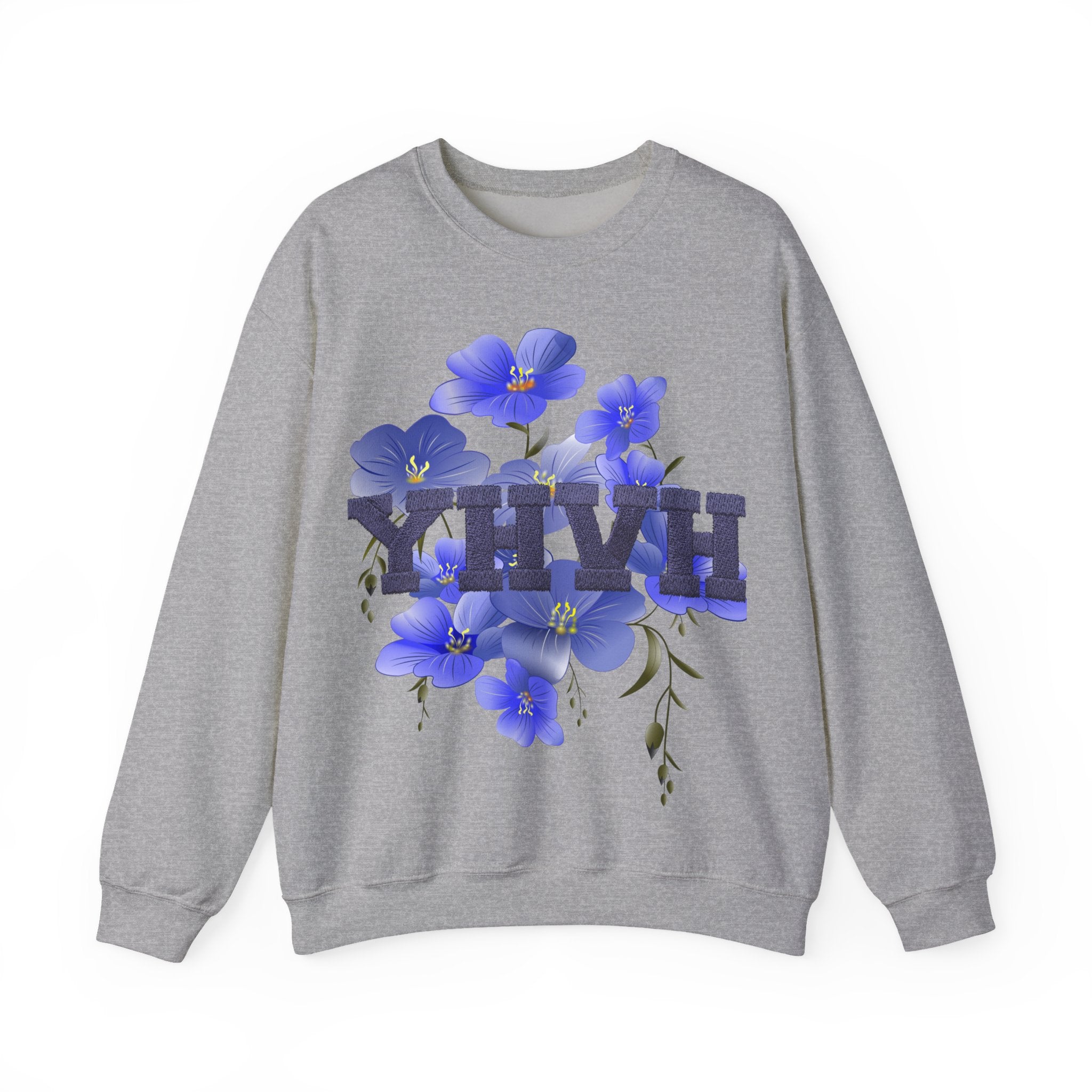 Crewneck Sweatshirt - Blue Violet Floral Graphic with 'KHVH' Lettering