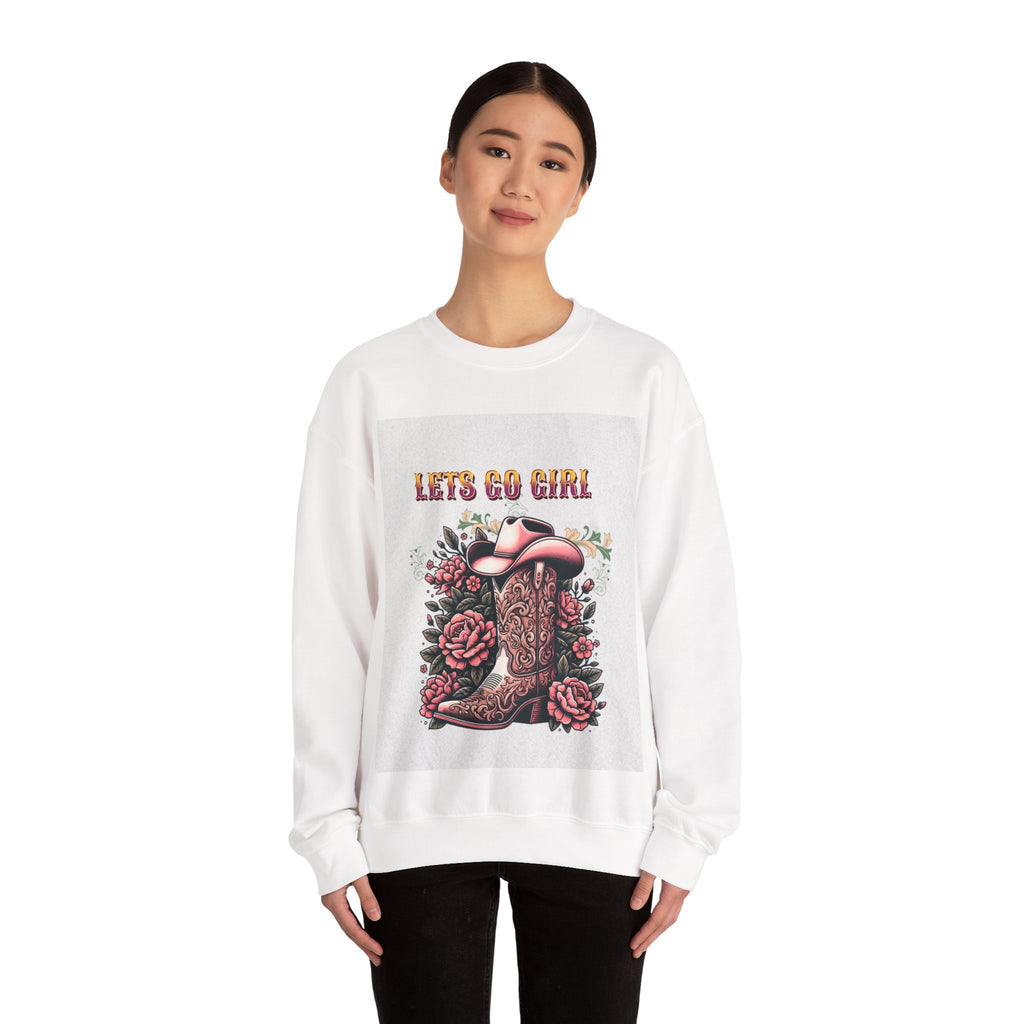 Cowgirl Boots Sweatshirt, Let’s Go Girl Crewneck, Western Style Apparel, Cozy Gift for Her, Trendy Graphic Sweatshirt