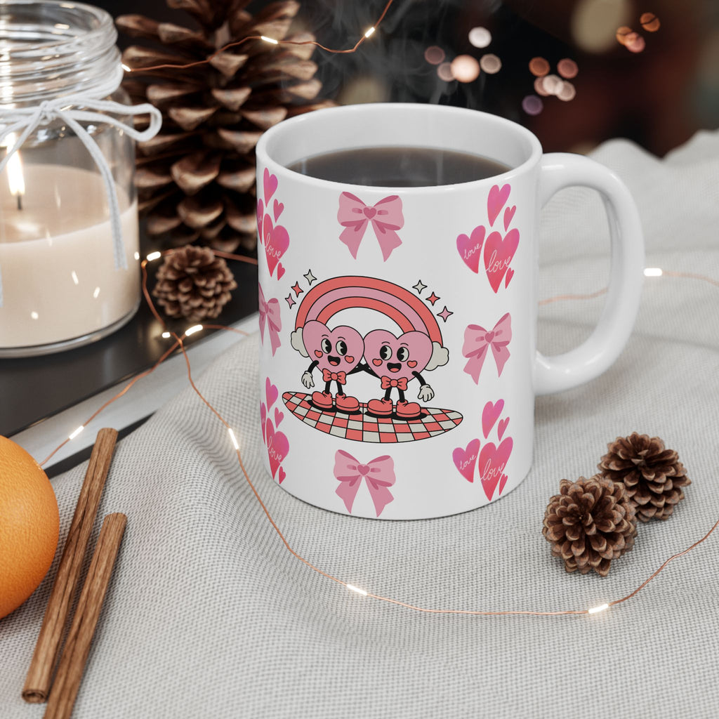 Valentine’s Pink Heart & Bow Ceramic Mug — Cute Love Pattern (11oz & 15oz)