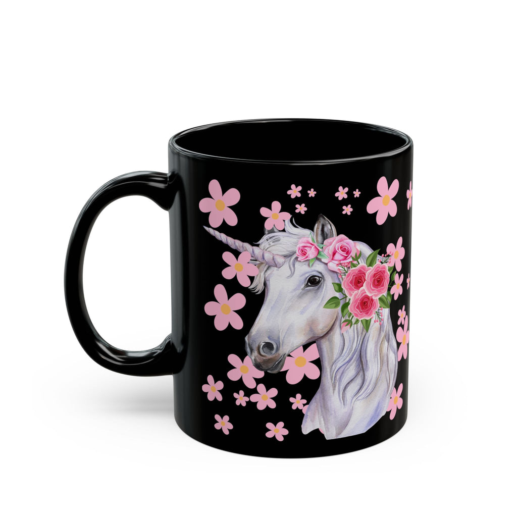Unicorn Floral Mug — Black Ceramic Coffee Cup with Pink Flowers (11oz, 15oz)