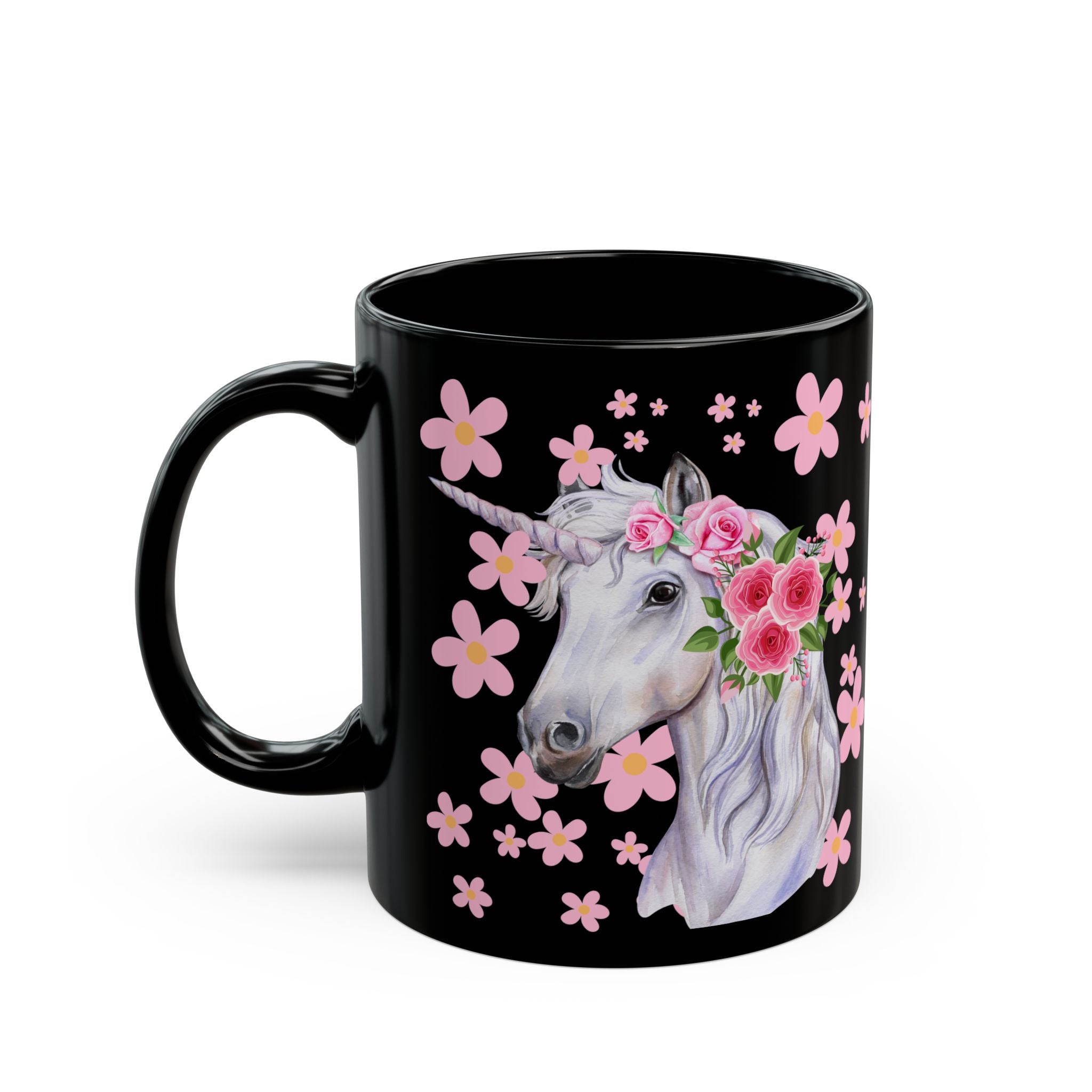 Unicorn Floral Mug — Black Ceramic Coffee Cup with Pink Flowers (11oz, 15oz)