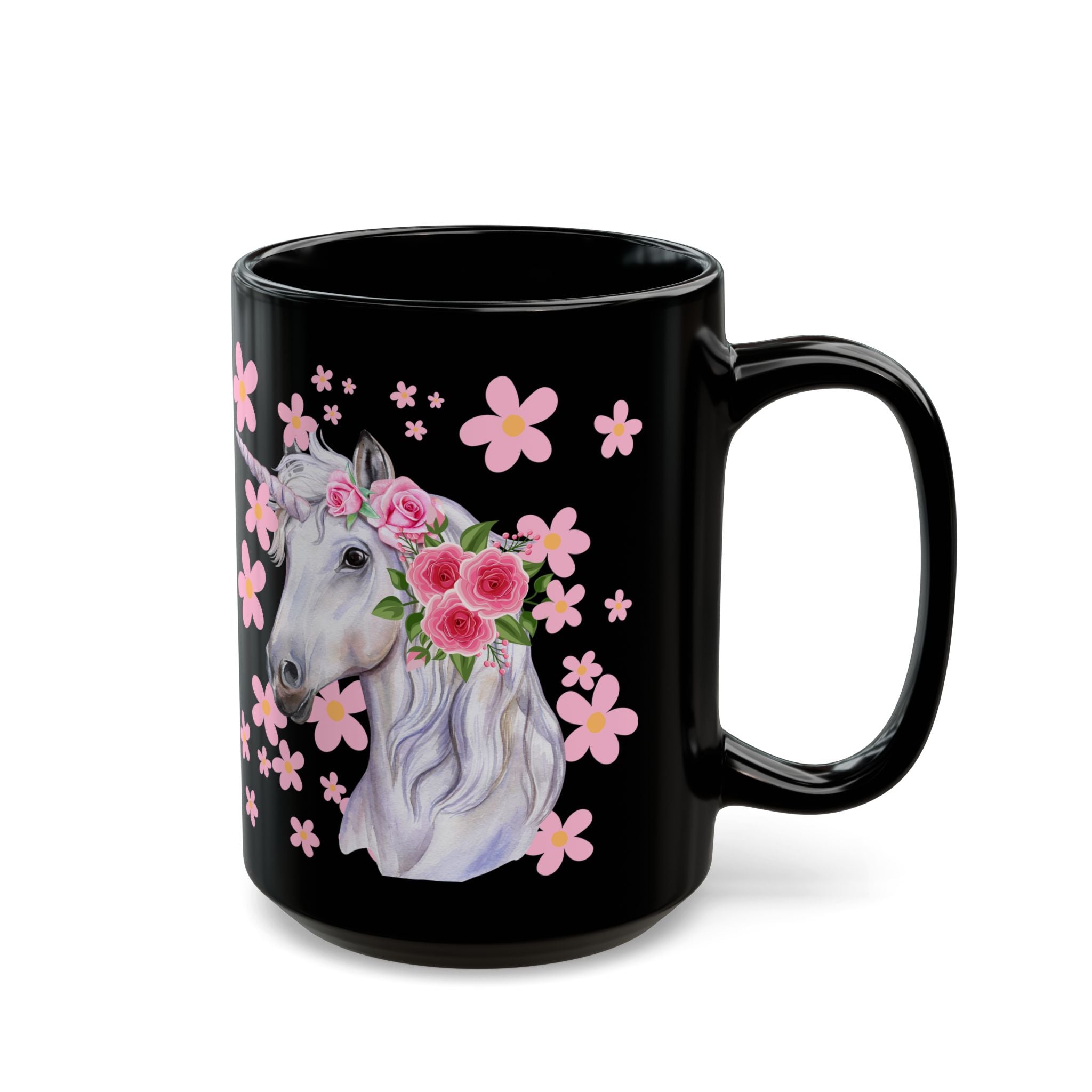 Unicorn Floral Mug — Black Ceramic Coffee Cup with Pink Flowers (11oz, 15oz)