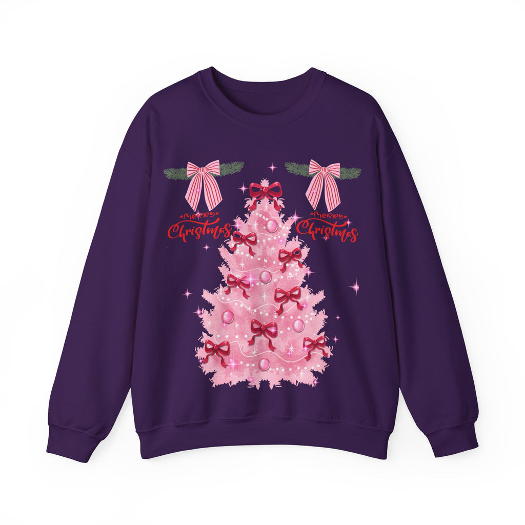 Pink Christmas Tree Sweatshirt — 'Merry Christmas' Bow Holiday Crewneck