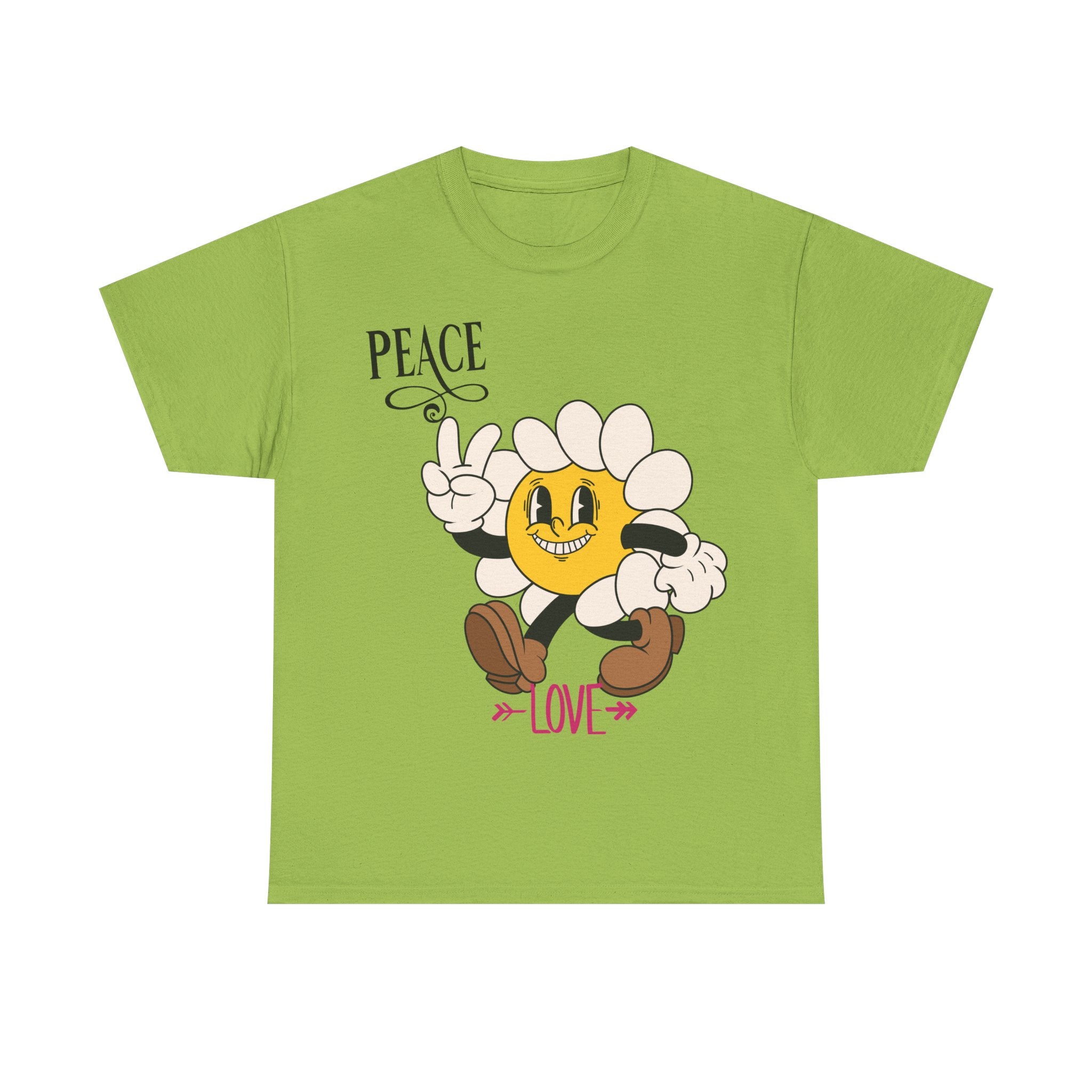 Peace & Love Daisy Character T-Shirt — Retro Smiley Flower Tee