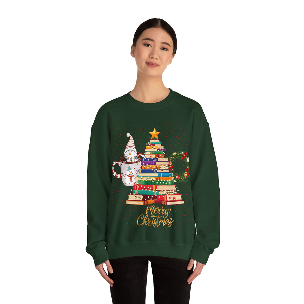Merry Christmas Book Tree & Cat Crewneck Sweatshirt