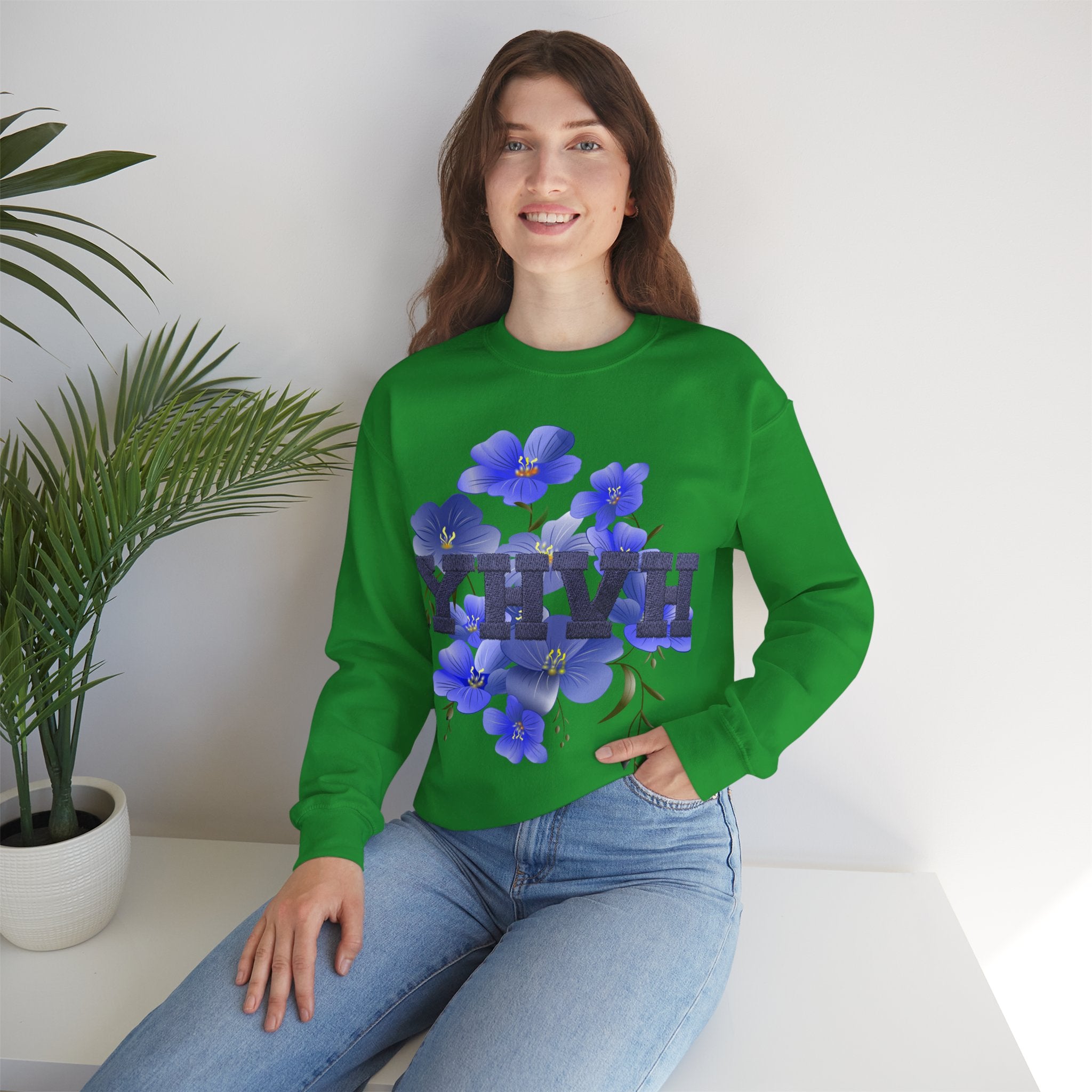 Crewneck Sweatshirt - Blue Violet Floral Graphic with 'KHVH' Lettering