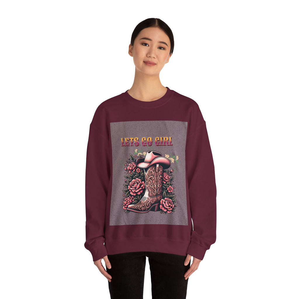Cowgirl Boots Sweatshirt, Let’s Go Girl Crewneck, Western Style Apparel, Cozy Gift for Her, Trendy Graphic Sweatshirt
