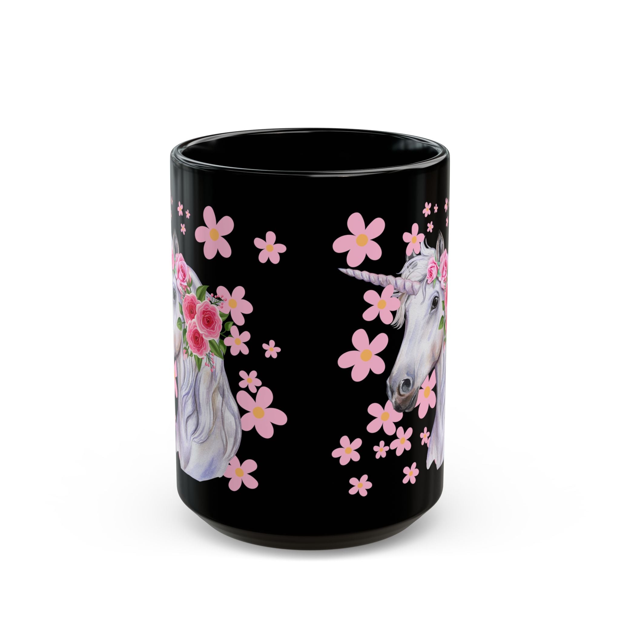 Unicorn Floral Mug — Black Ceramic Coffee Cup with Pink Flowers (11oz, 15oz)