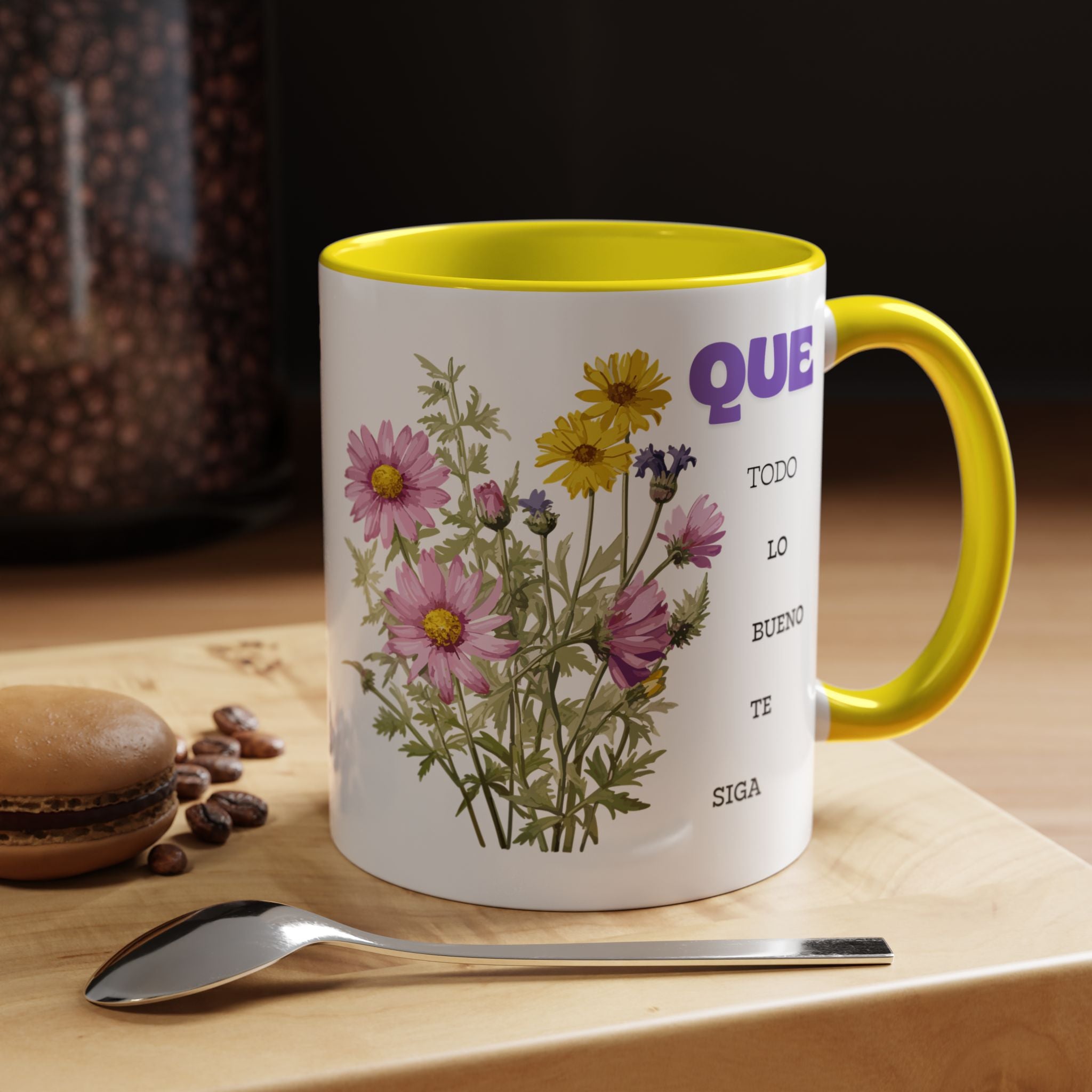 Inspirational Spanish Floral Coffee Mug — "Que todo lo bueno te siga" Accent Mug (11/15oz)