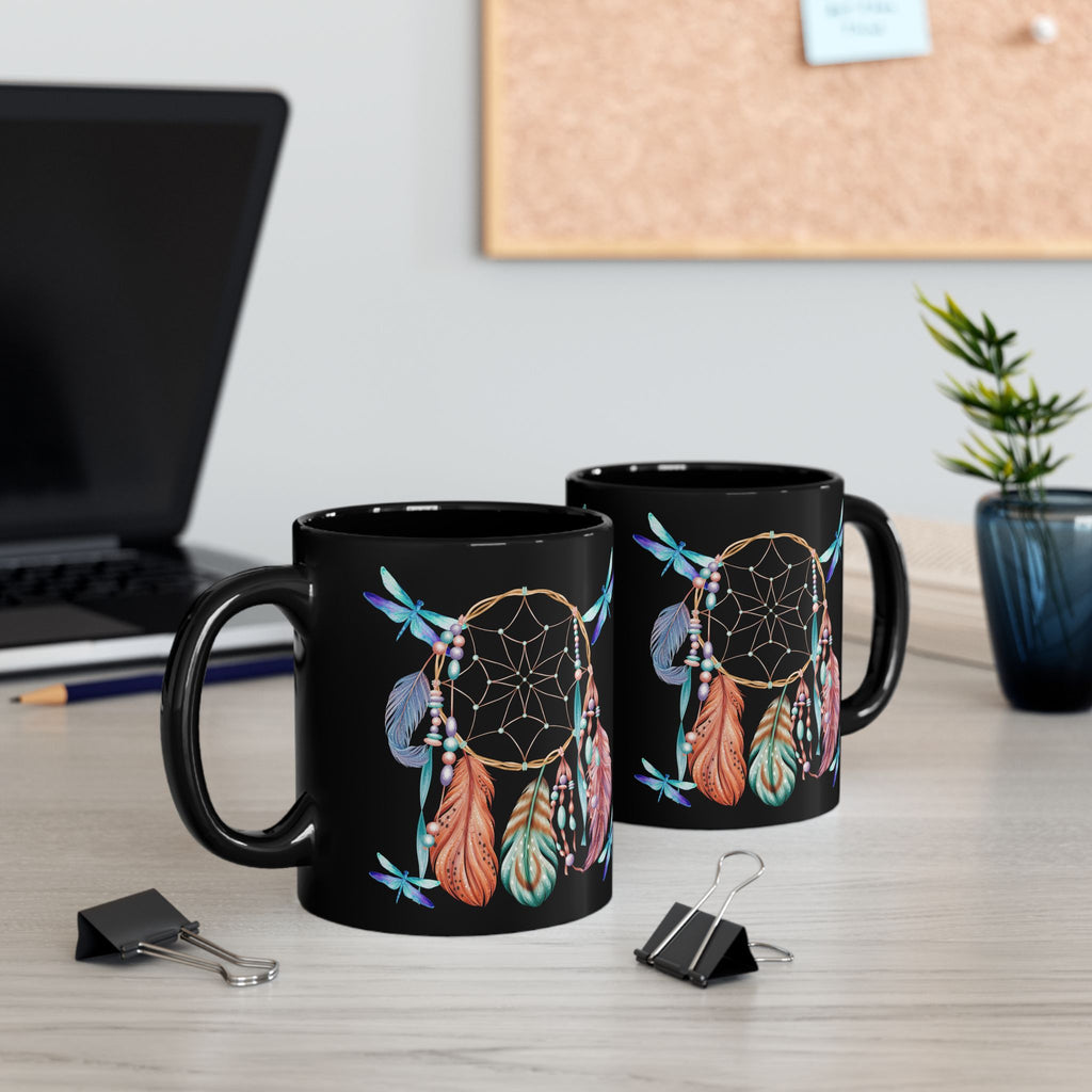 Dreamcatcher Black Mug — Boho Feather & Dragonfly Coffee Cup (11oz/15oz)