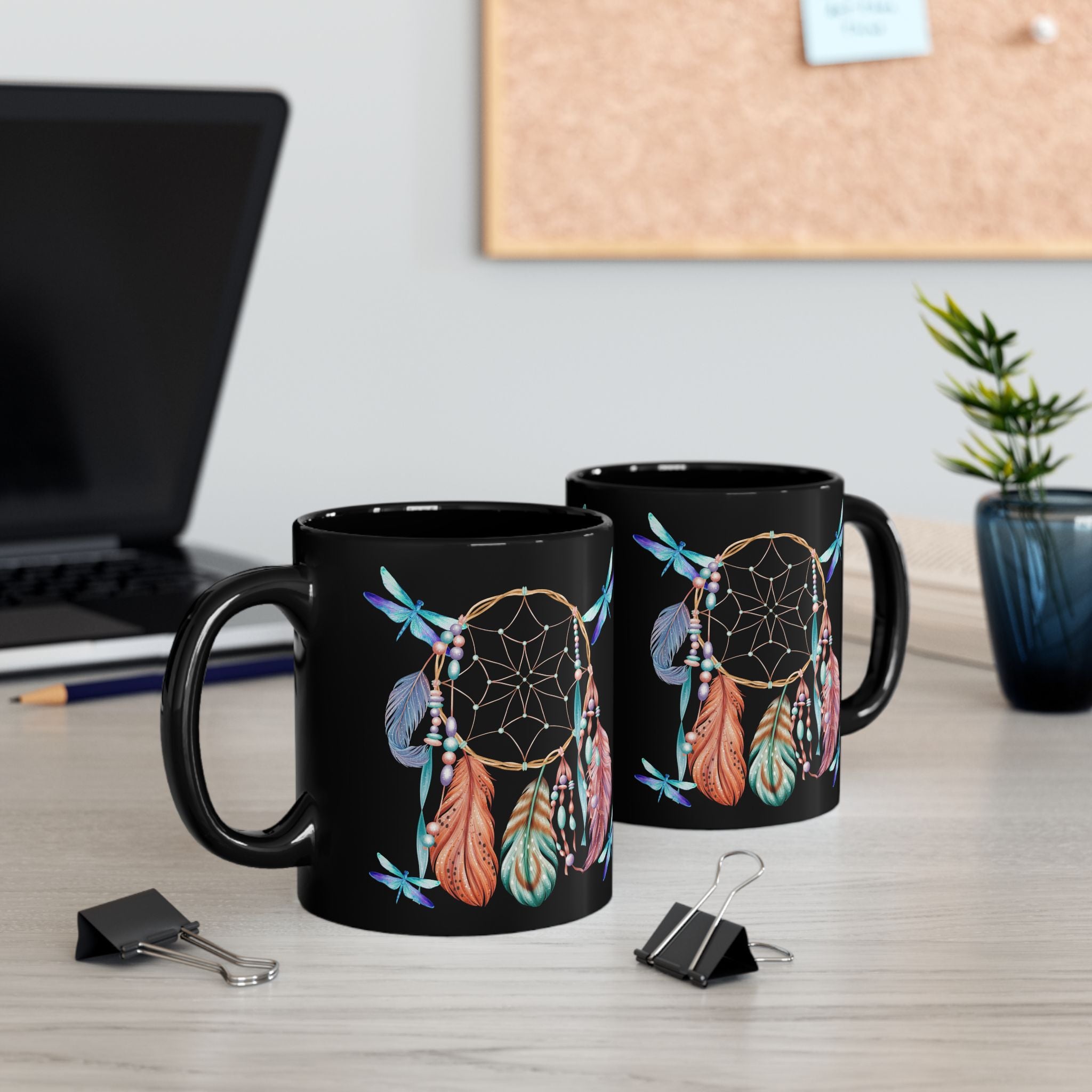 Dreamcatcher Black Mug — Boho Feather & Dragonfly Coffee Cup (11oz/15oz)