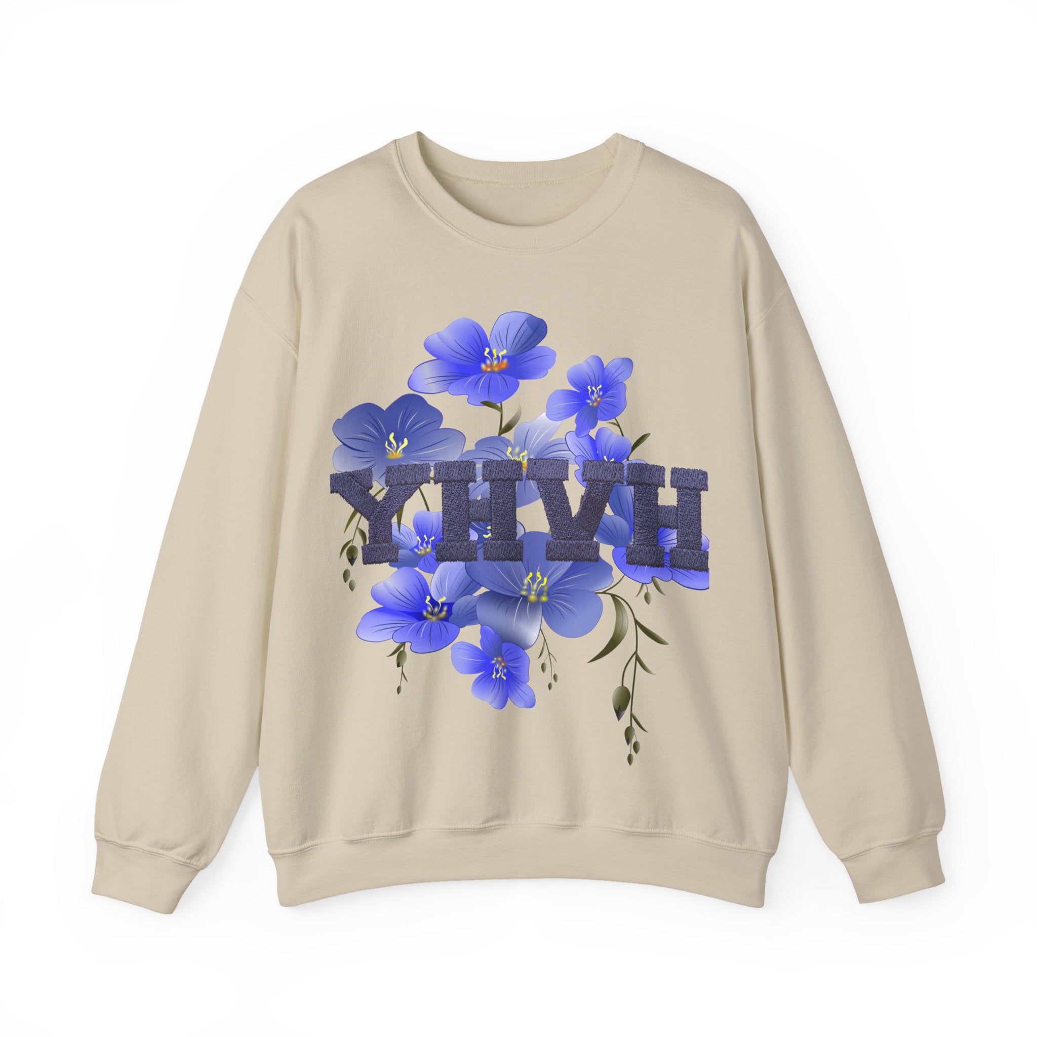 Crewneck Sweatshirt - Blue Violet Floral Graphic with 'KHVH' Lettering