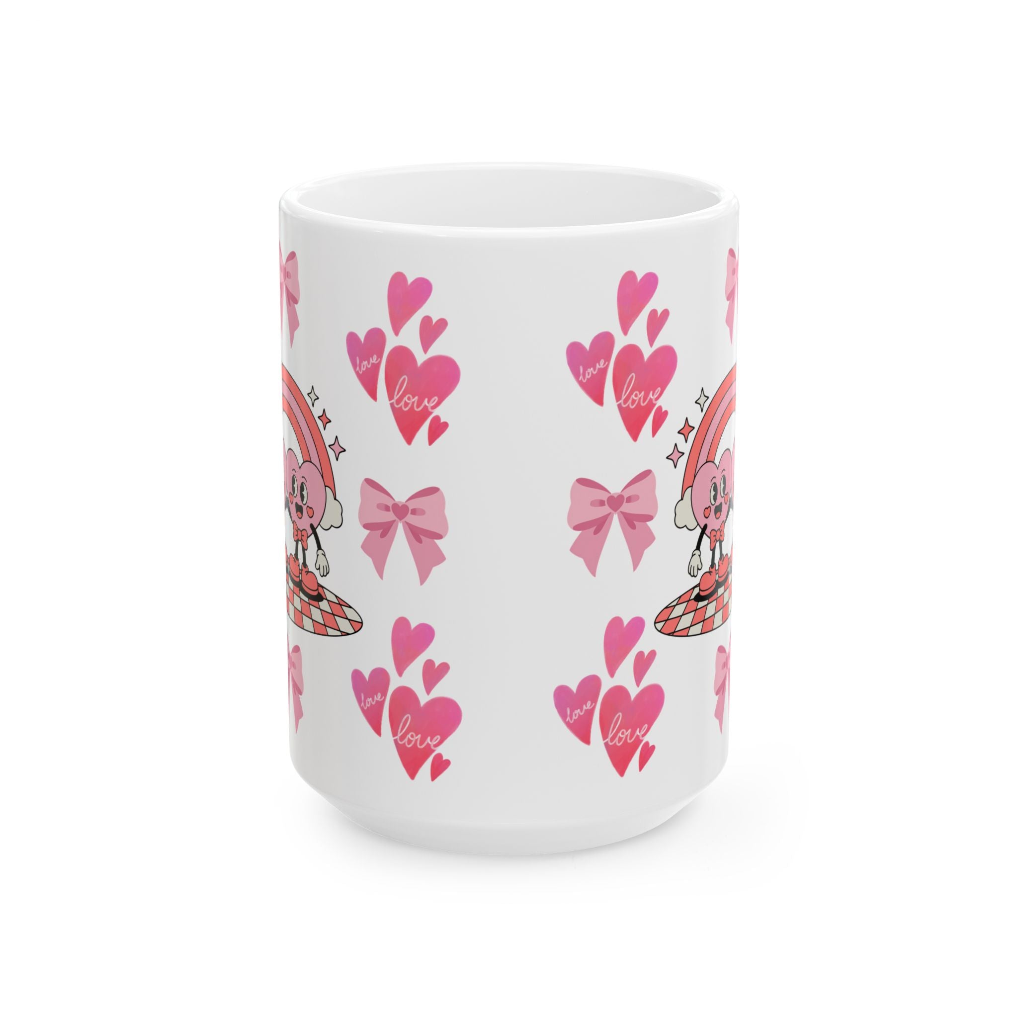 Valentine’s Pink Heart & Bow Ceramic Mug — Cute Love Pattern (11oz & 15oz)