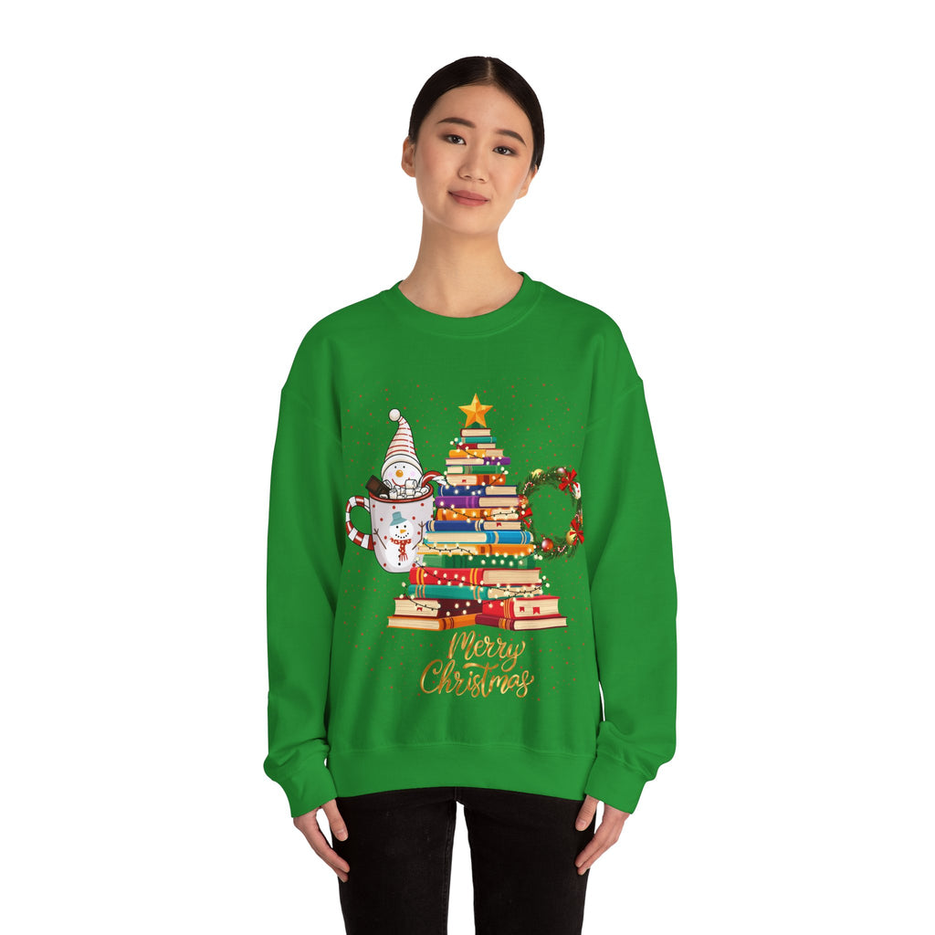 Merry Christmas Book Tree & Cat Crewneck Sweatshirt