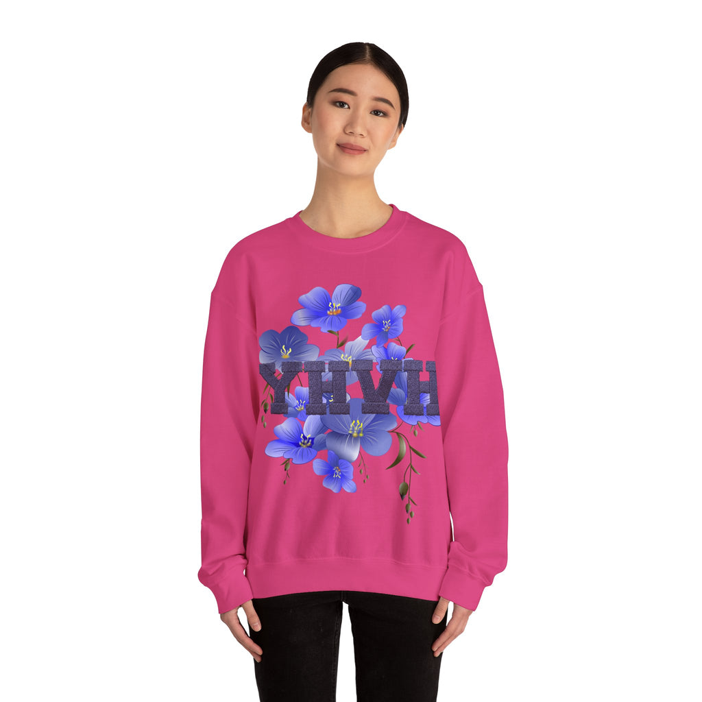 Crewneck Sweatshirt - Blue Violet Floral Graphic with 'KHVH' Lettering