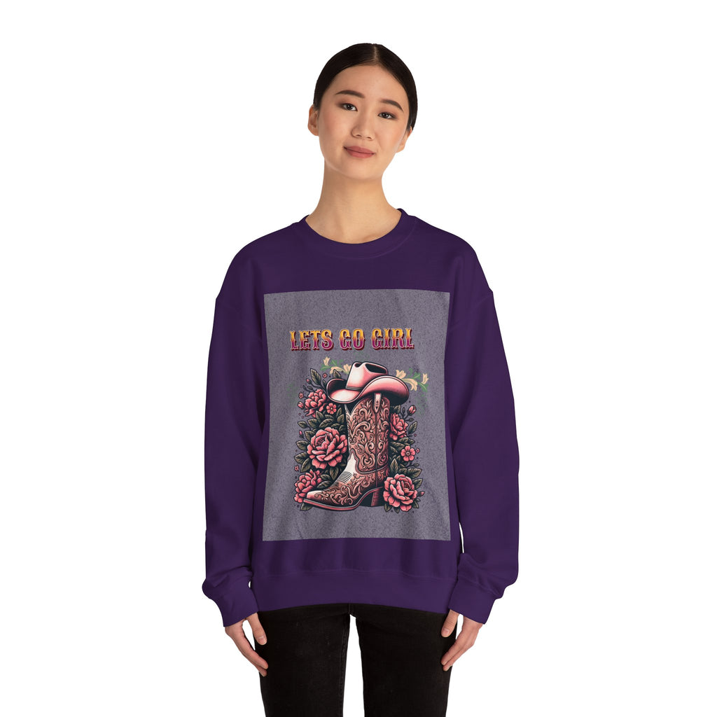 Cowgirl Boots Sweatshirt, Let’s Go Girl Crewneck, Western Style Apparel, Cozy Gift for Her, Trendy Graphic Sweatshirt