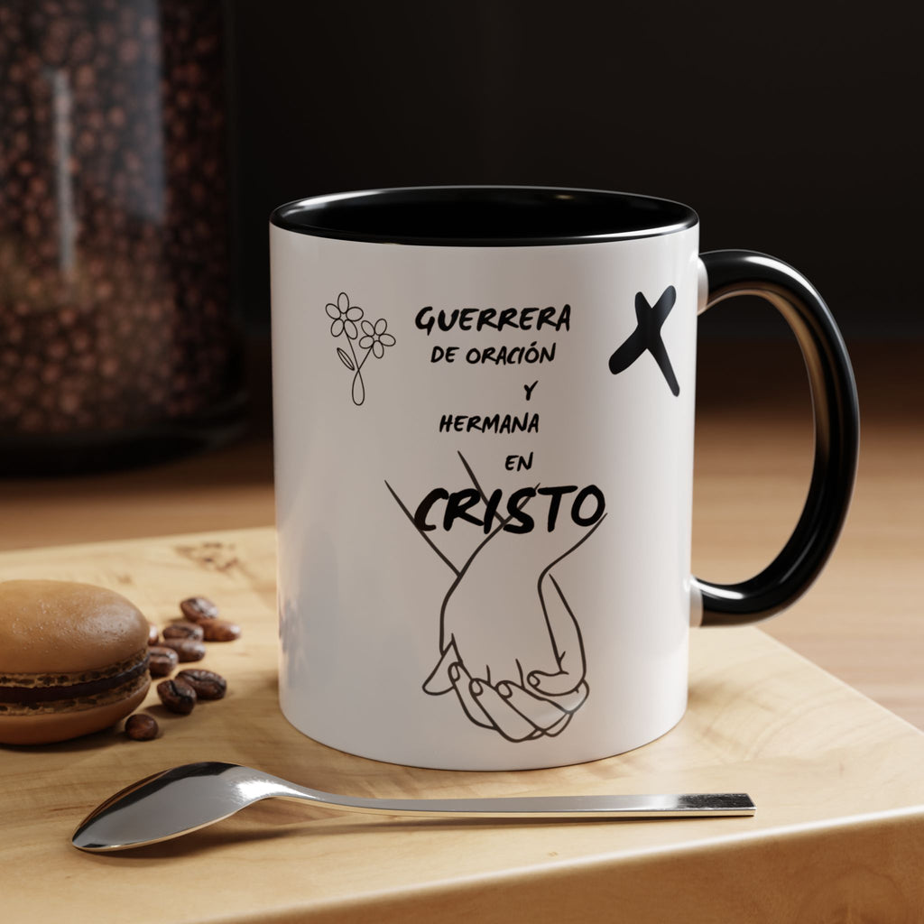 Christian Prayer Warrior Mug — "Guerrera de Oración y Hermana en Cristo" Accent Coffee Cup (11/15oz)