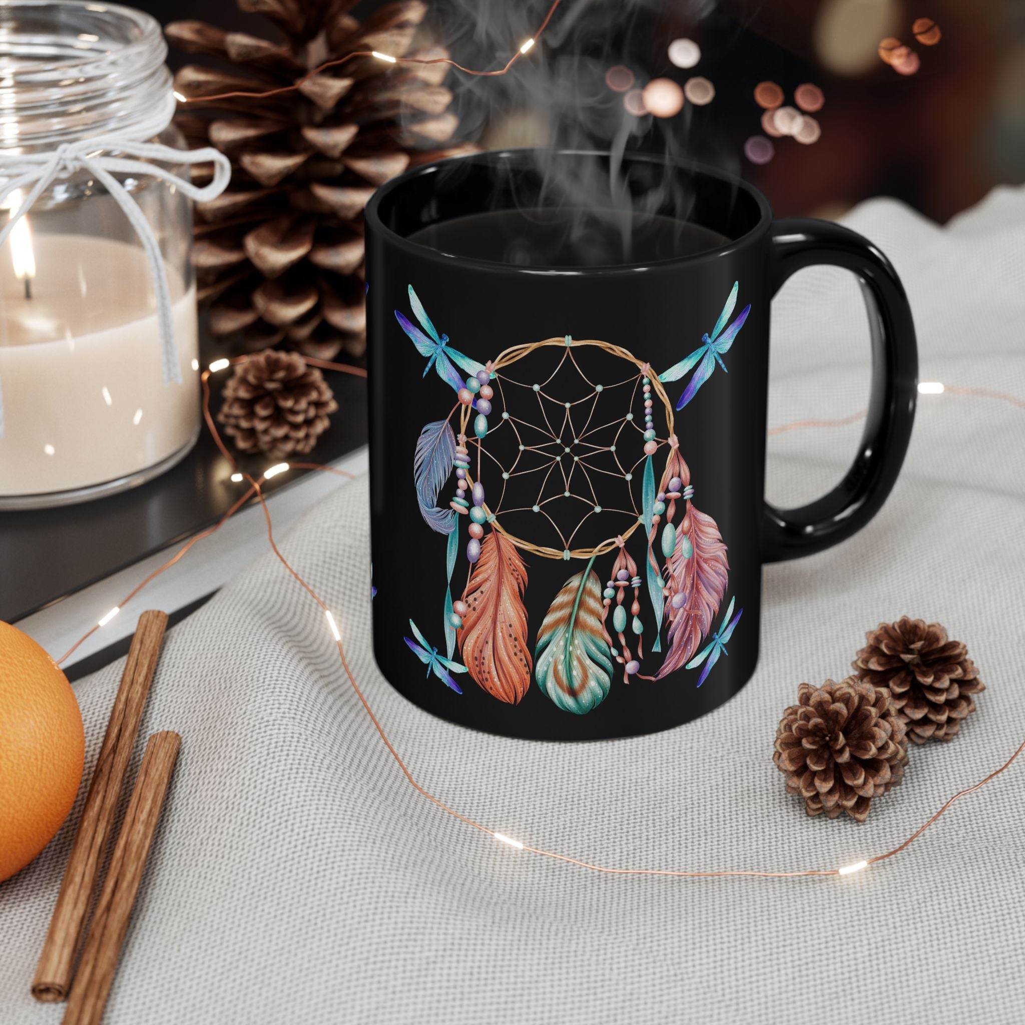 Dreamcatcher Black Mug — Boho Feather & Dragonfly Coffee Cup (11oz/15oz)