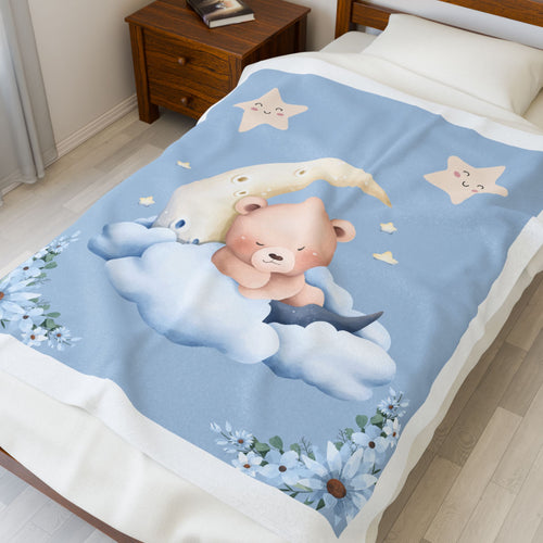 Adorable Bear and Moon Velveteen Plush Blanket, Cozy Nursery Throw, Baby Shower Gift, Kids Room Decor, Soft Bedspread