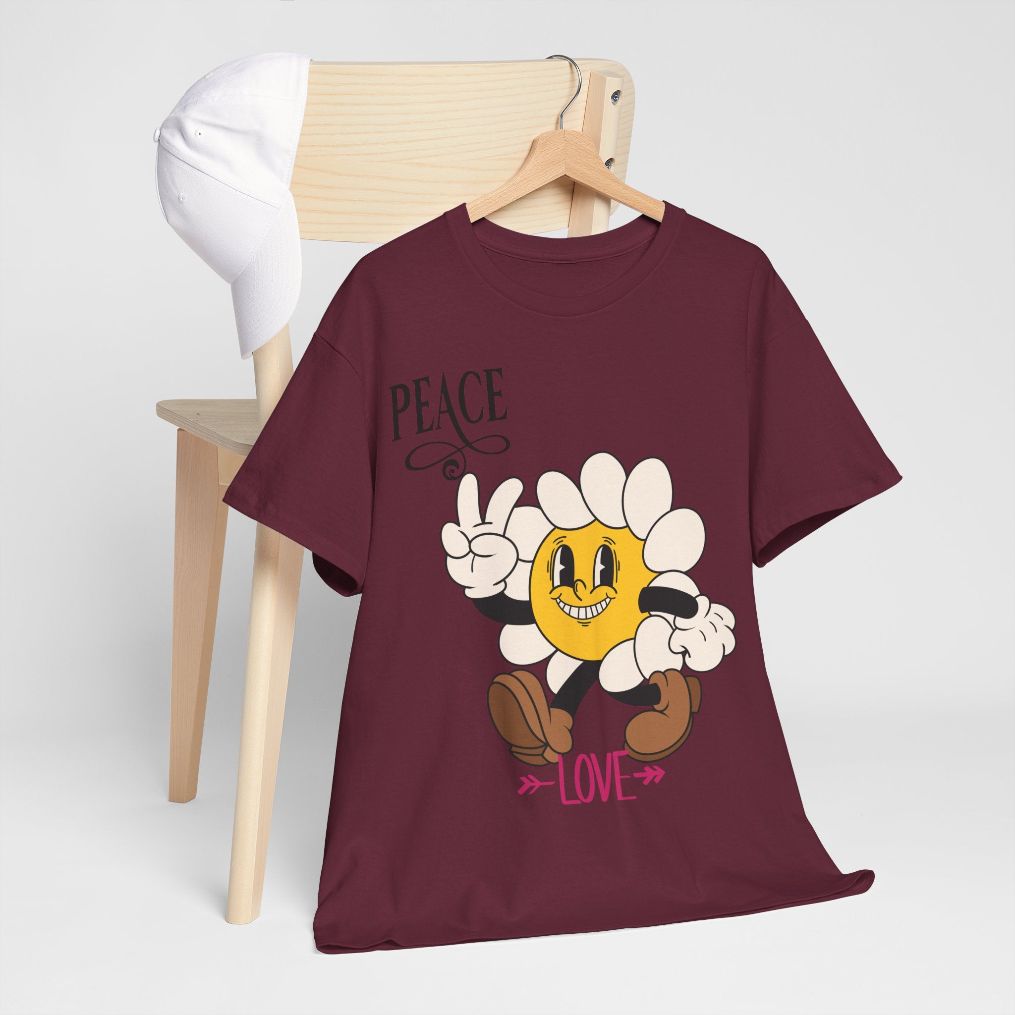 Peace & Love Daisy Character T-Shirt — Retro Smiley Flower Tee