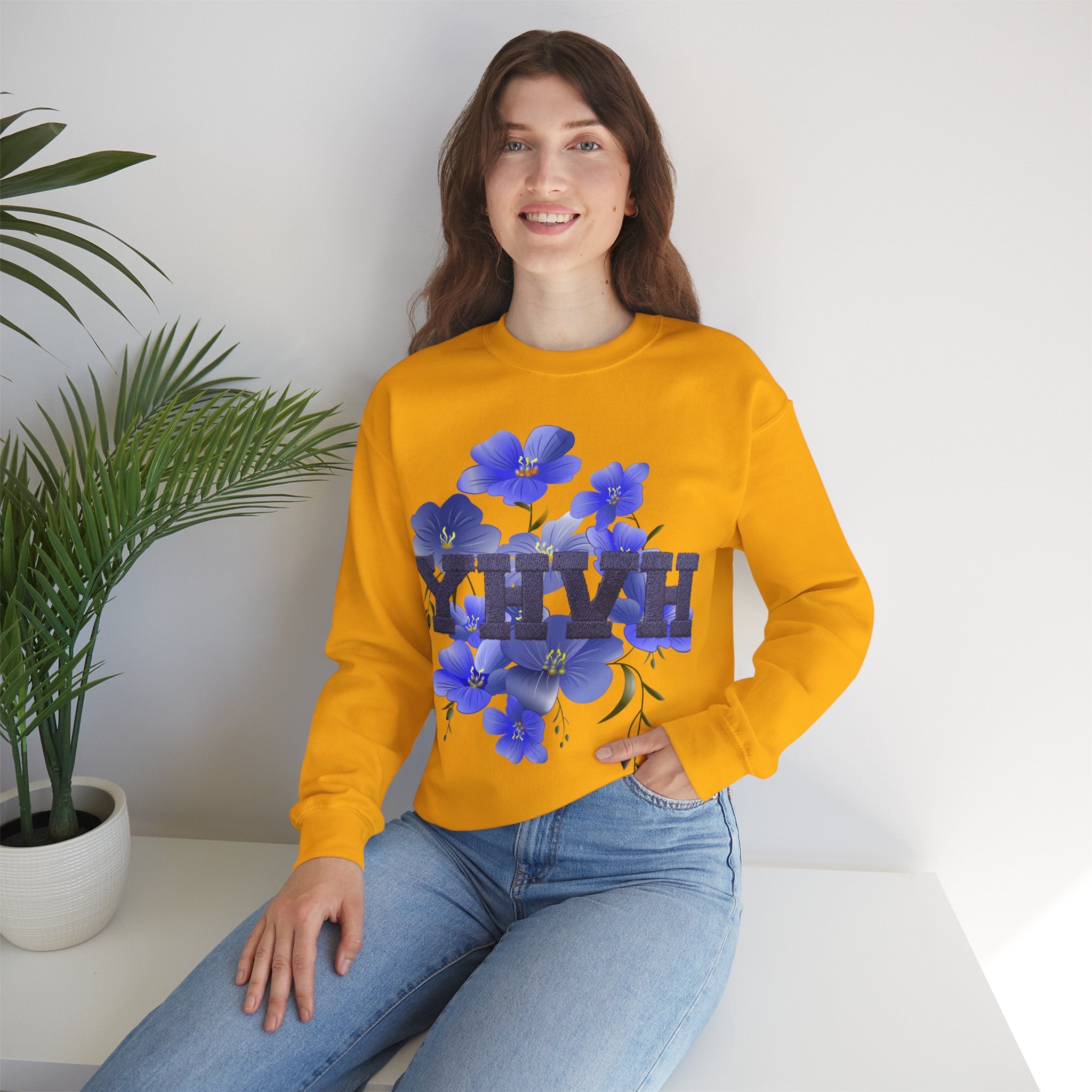 Crewneck Sweatshirt - Blue Violet Floral Graphic with 'KHVH' Lettering