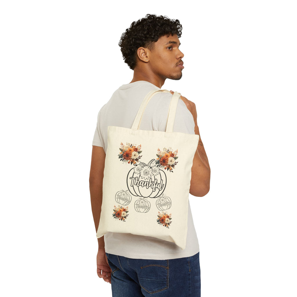 Thankful Floral Cotton Canvas Tote Bag, Fall Tote, Autumn Gift, Eco-friendly Shopper, Thanksgiving, Pumpkin Decor