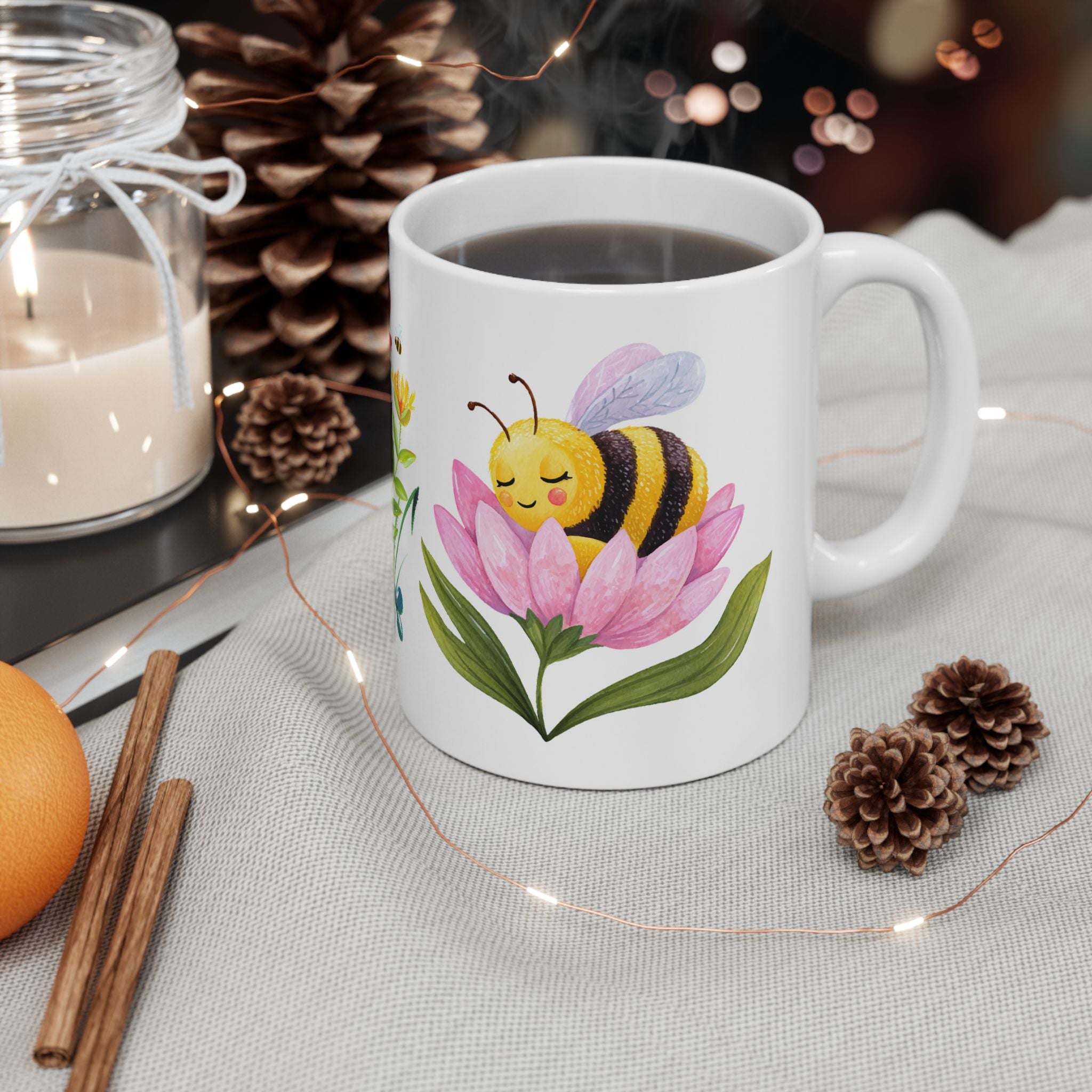 Floral Bee Ceramic Mug — Watercolor Wildflower Coffee Cup (11oz & 15oz)