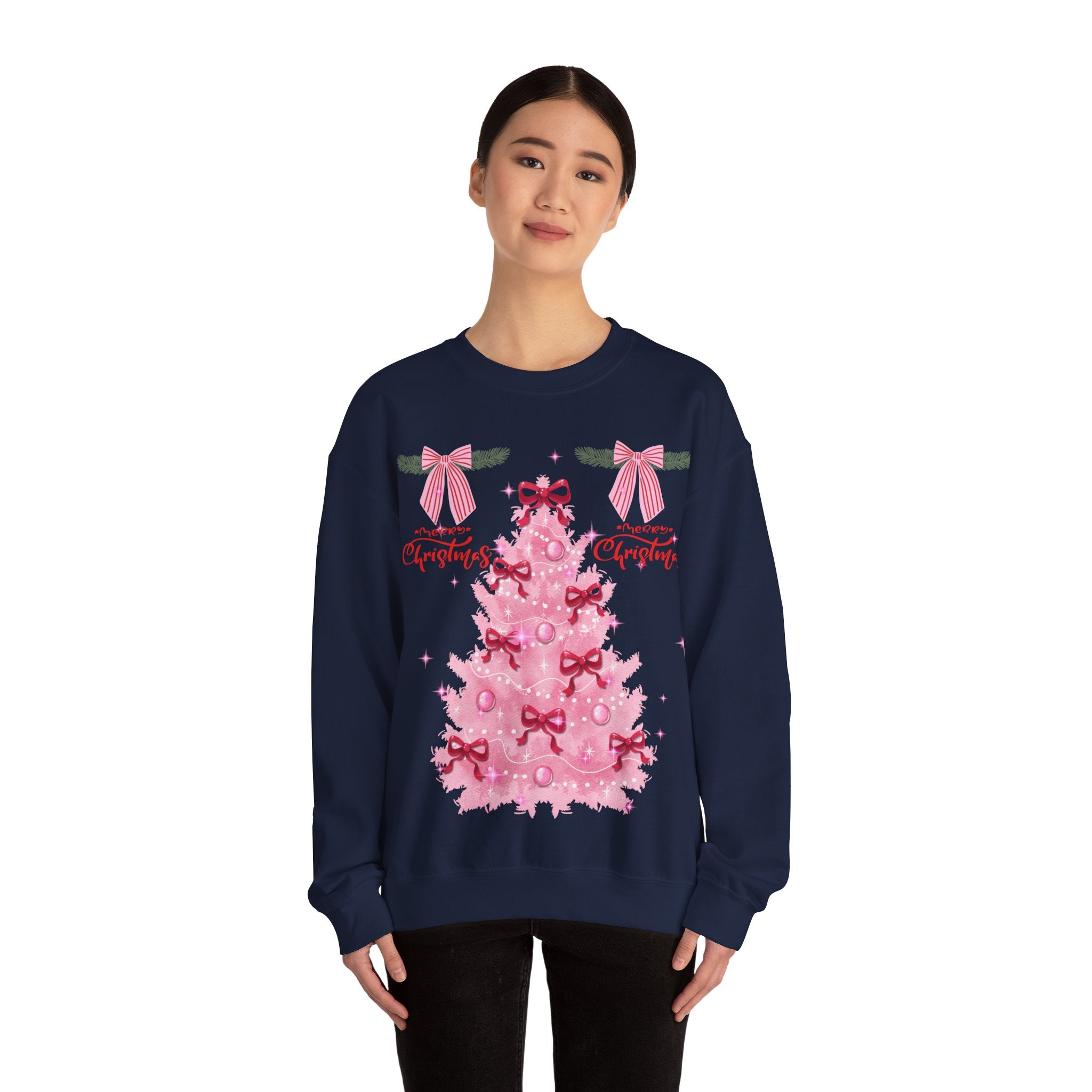 Pink Christmas Tree Sweatshirt — 'Merry Christmas' Bow Holiday Crewneck