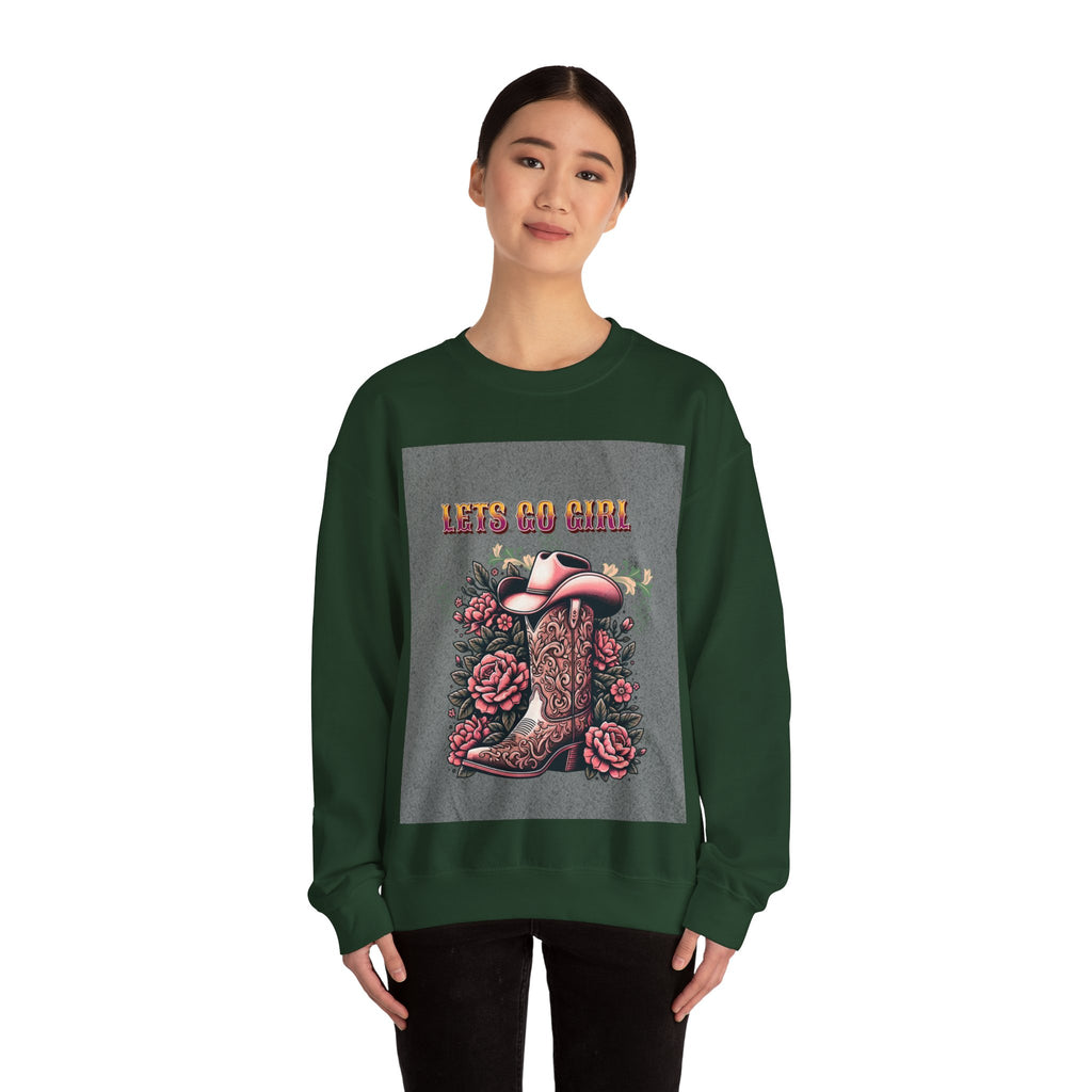 Cowgirl Boots Sweatshirt, Let’s Go Girl Crewneck, Western Style Apparel, Cozy Gift for Her, Trendy Graphic Sweatshirt