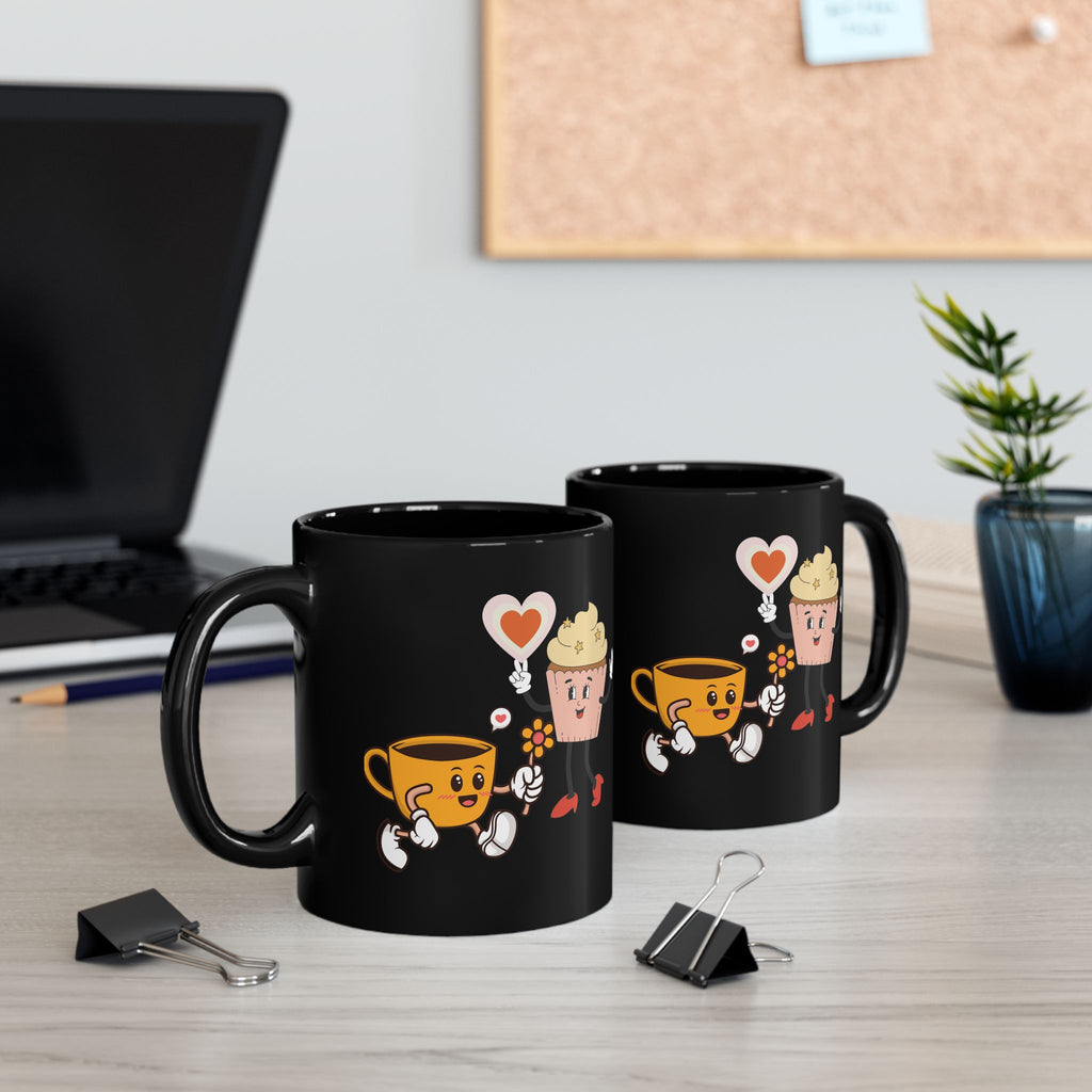 Cute Cup & Cupcake Love Mug — Whimsical Retro Coffee Gift (Black, 11oz/15oz)