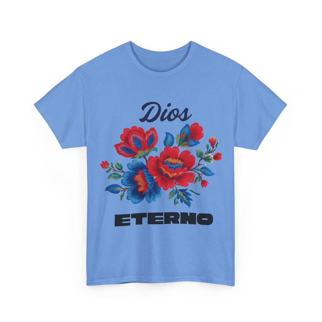 Dios Eterno Floral T-Shirt — Spanish Faith Tee with Red & Blue Blooms
